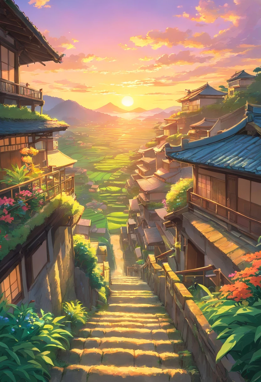 Veranda,rice terraces,sunset,vibrant colors,soft lighting