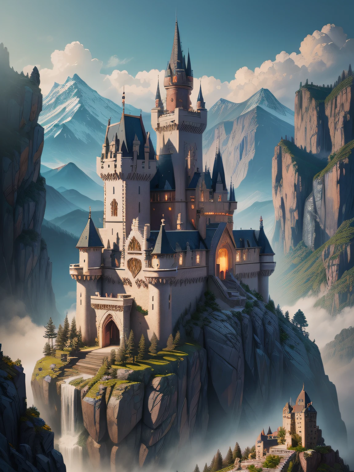 A forbidden castle high up in the mountains, pixel art, (intricate details:1.12), hdr, (intricate details, hyperdetailed:1.15), (natural skin texture, hyperrealism, soft light, sharp:1.2), game art, key visual, surreal