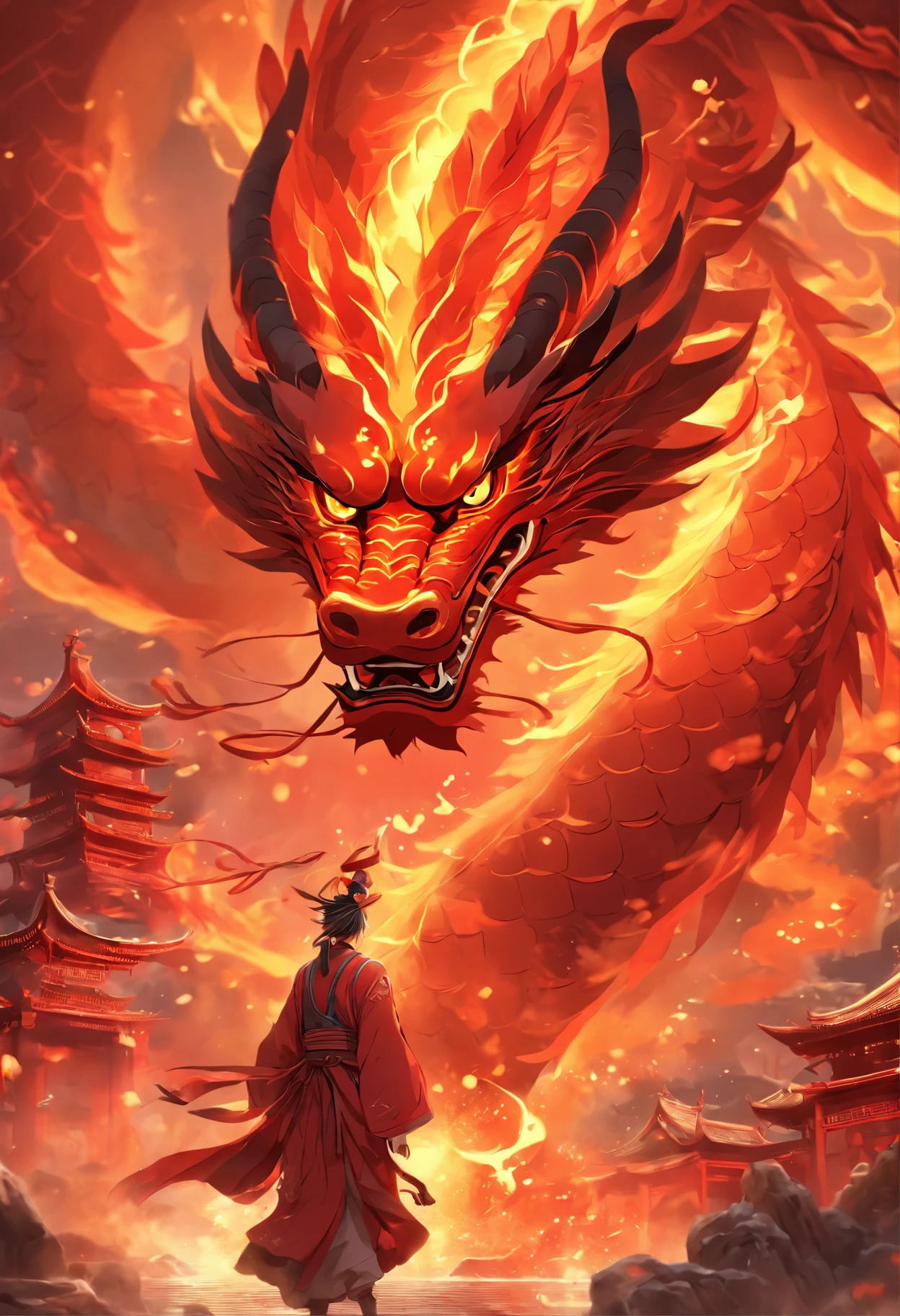 chinesedragon，Traditional Chinese culture，levitating，meander，Red tone，tmasterpiece，4k
