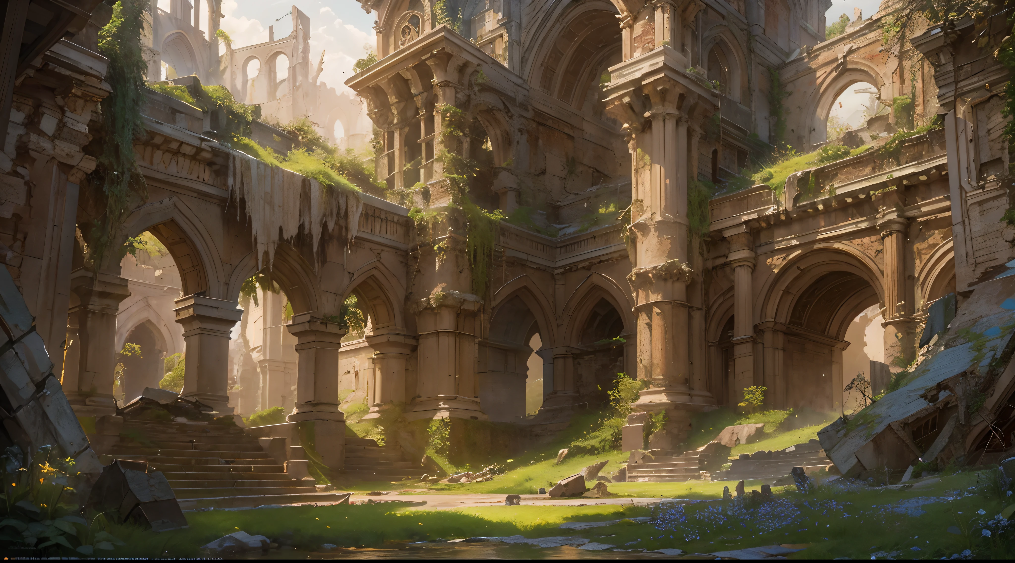 (by Greg Rutkowski: 1.2), (masterpiece), (best quality), extremely delicate and beautiful, illustration, (fantasy landscape), A mesmerizing fantasy landscape with enchanting elements blending seamlessly. (majestic ruin of Hall of Heroes), Providing a distant view that captures the grandeur and atmosphere. From Brian Froud and Carne Griffiths and Wadim Kashin and John William Waterhouse, 8K post-production, high resolution, hiper detailed, depth of field, HDR, intricate