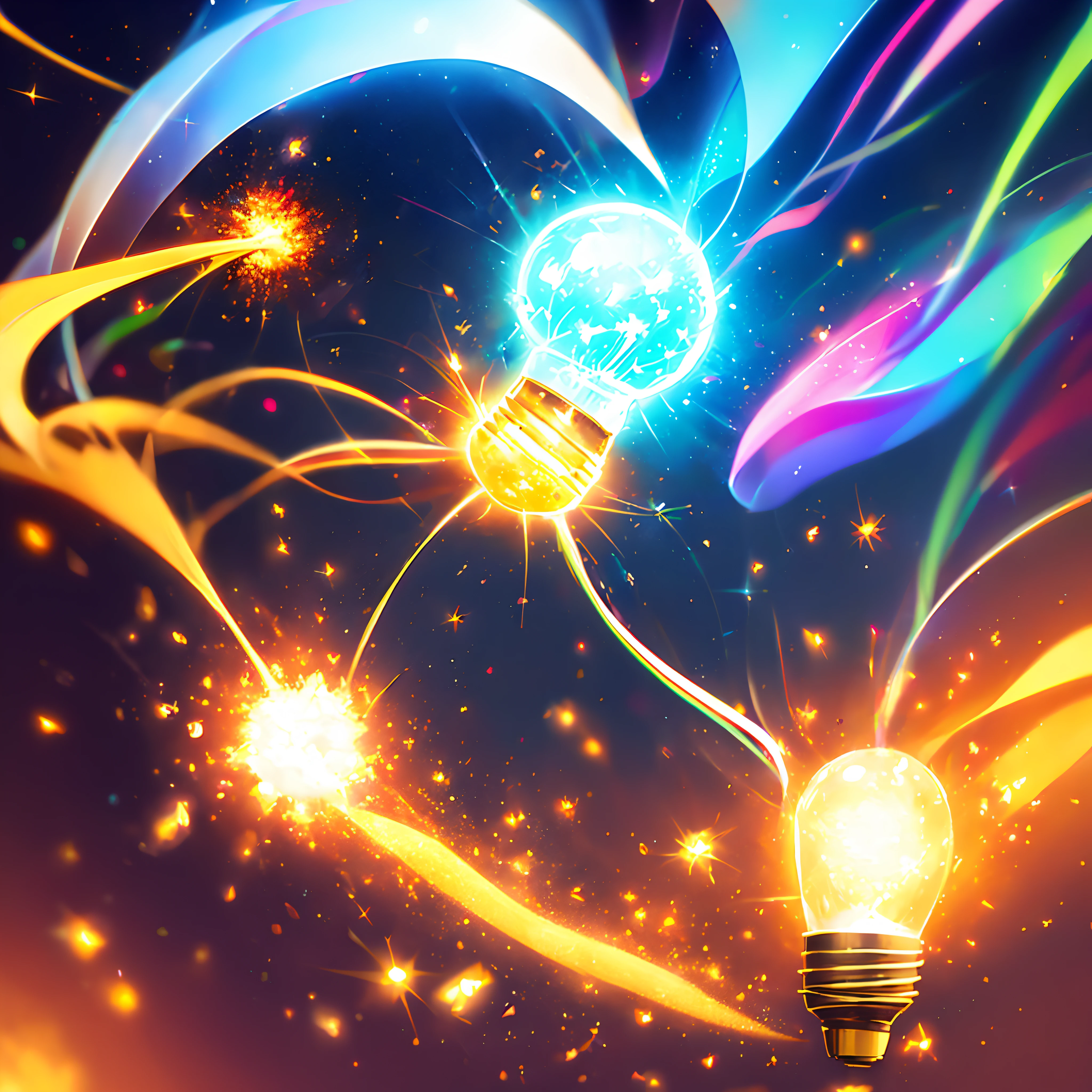light bulb, explosion of brilliant light bursts from the light bulb, enlightenment, new idea, vivid colours, epic fantasy, joy