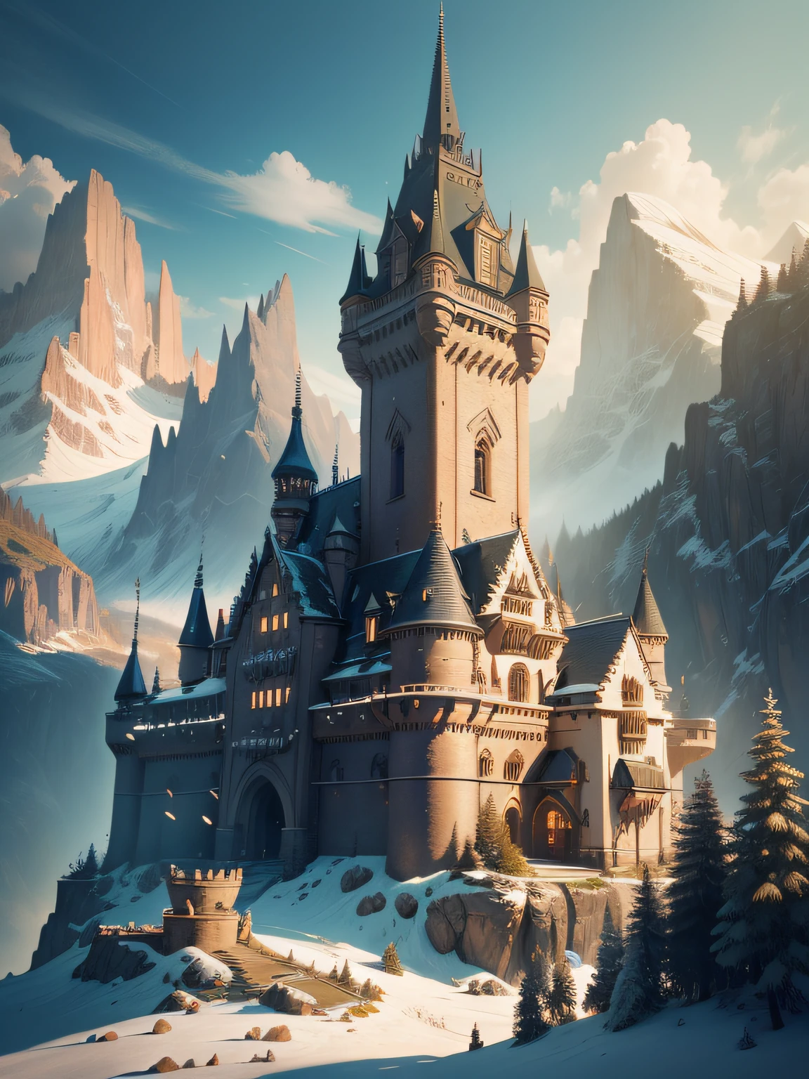 A forbidden castle high up in the mountains, pixel art, (intricate details:1.12), hdr, (intricate details, hyperdetailed:1.15), (natural skin texture, hyperrealism, soft light, sharp:1.2), game art, key visual, surreal