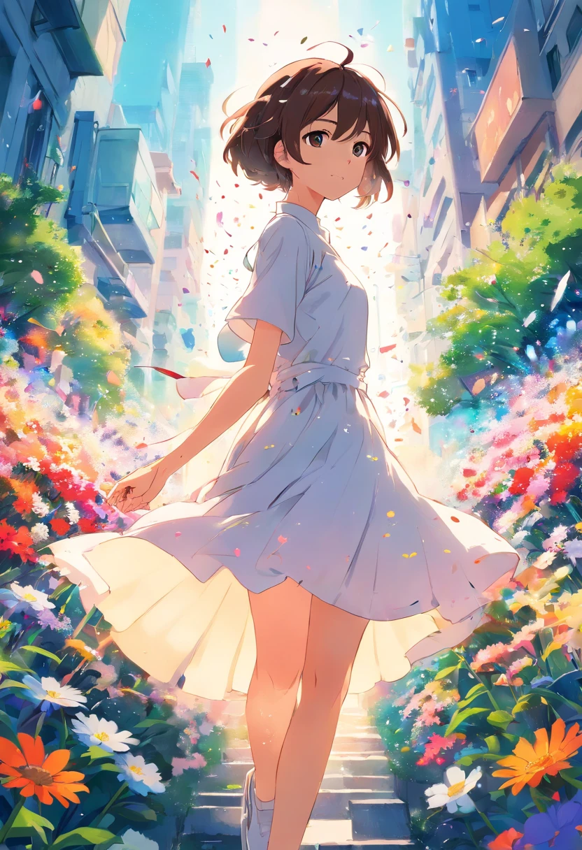 masuter piece、High quality、White dress、 1 girl in、Colorful ink splattered、Surrounded by many flowers、colourfull、Dynamism、Friendly、