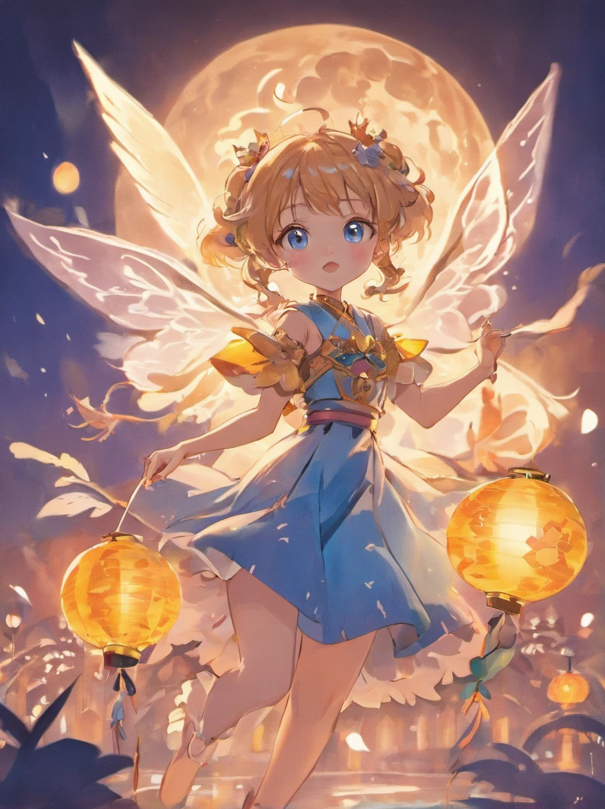 Mid-Autumn Festival, Cute fairy, Beautiful big eyes, Wear ancient costumes,Rabbit in hand， Moon cake, Auspicious clouds, Behind the huge moon, Warm colors, Abstract imagery, ultra-realistic realism, Pixar style, 3d effect, Disney style, Clear edge light, rim-light, fantasy, spotlight, 8K