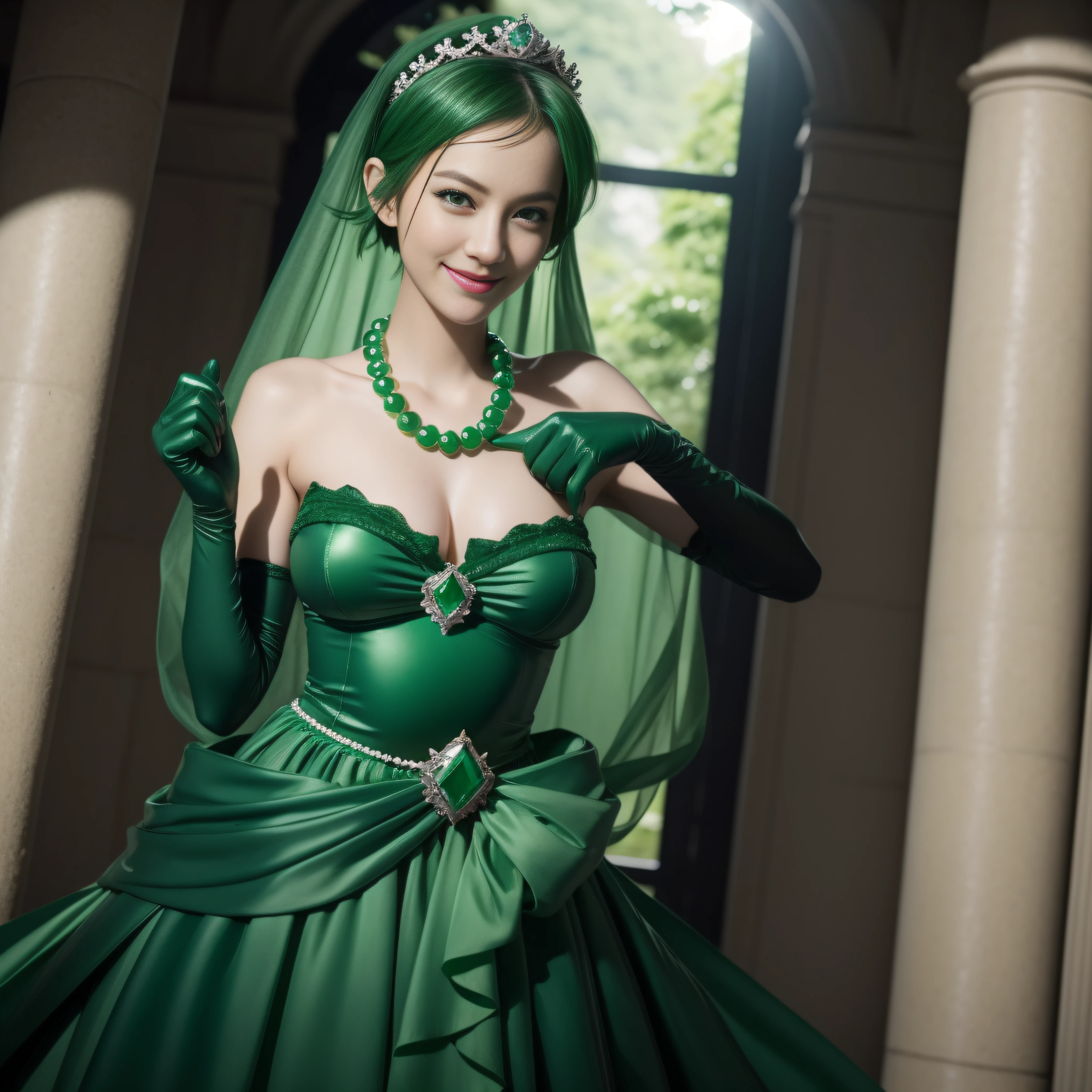 emerald tiara, Green Pearl Necklace, Boyish very short green hair, lipsticks, Japan woman smiling, very short short hair, big breasts beautiful, Green eyes, Long green gloves made of satin material, Green eyes, Pregnant Woman, Pregnancy