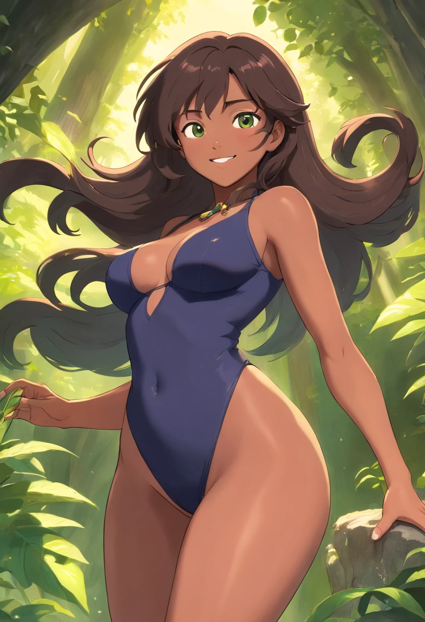 1woman, alone, (personification of beauty and grace, sensual and seductive poses), dark skin, 100% open clothes, flawless skin, naked, toned physique, smile, NSFW, pubic hair, smooth armpits, Body of Venus, dark skin, black hair, green eyes , Mature woman, thick thighs, huge breasts