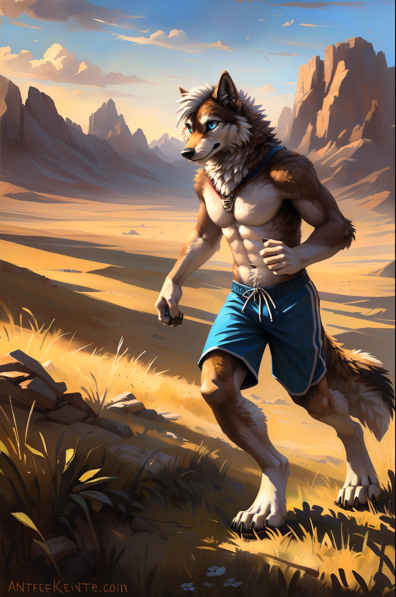 ((Solo)), male people, anthro wolf, (Multi-colored fur, White-brown:1.3), ((Wolf face, White hair, Big eyes, White eyelids, Blue pupil, Slim:1.2) (Tough, Calm expression:1.2)), Abs, Slim, pinging)), (Correct anatomy), (Work shorts:1.1), (Contour bone:1.2), The upper body is naked, (detailed outfits),A big tail，Feet，(Realistic fur, Detailed fur texture, labeled:1.3)), (Natural lighting), Photorealistic, Hyperrealistic, ultradetailed, by Kenket，Endless grasslands，No buildings，Running on