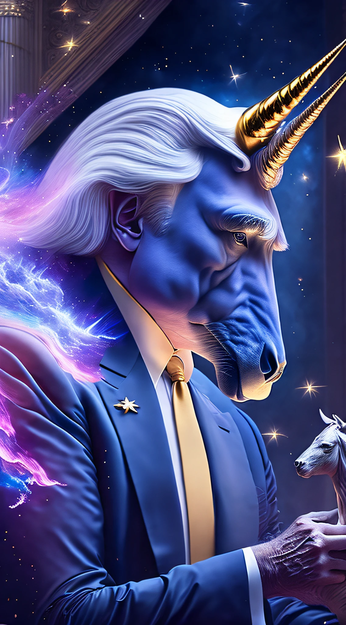 Imagine an epic moment in time where former President Donald Trump and his mystical unicorn unite their strengths, with a backdrop of swirling enchantment, symbolizing the extraordinary synergy between them