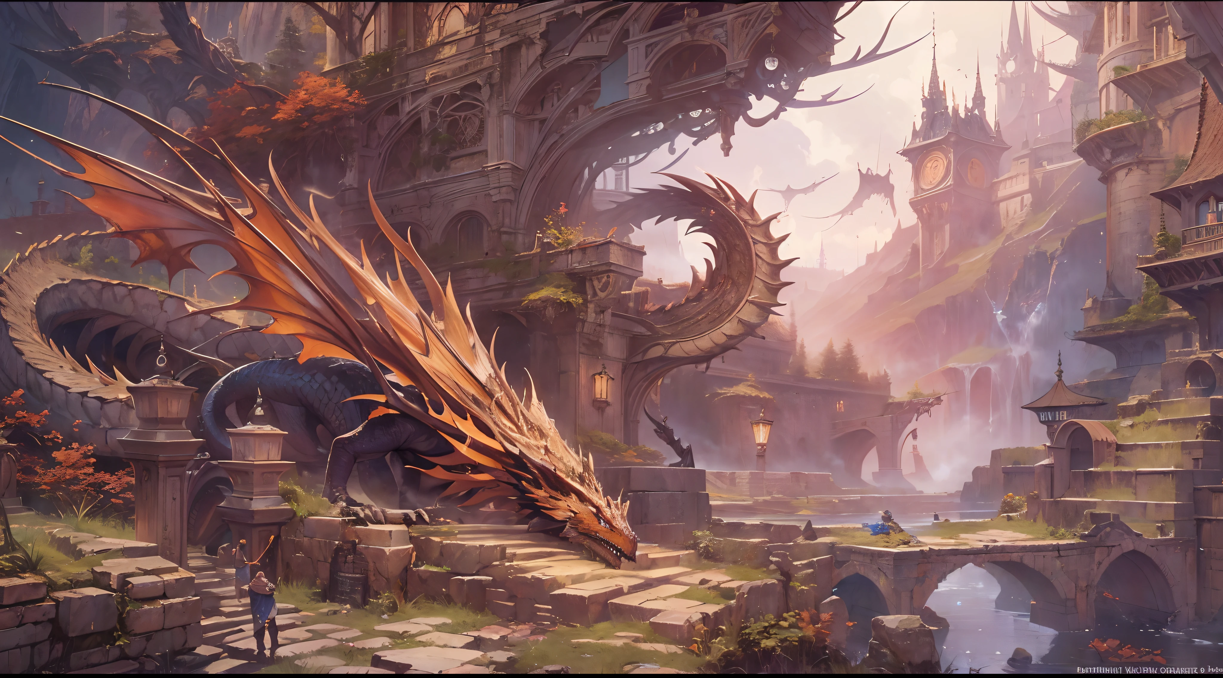 (by Greg Rutkowski: 1.2), (masterpiece), (best quality), extremely delicate and beautiful, illustration, (fantasy landscape), A mesmerizing fantasy landscape with enchanting elements blending seamlessly. (fantasy realm of dragons), Providing a distant view that captures the grandeur and atmosphere. From Brian Froud and Carne Griffiths and Wadim Kashin and John William Waterhouse, 8K post-production, high resolution, hiper detailed, depth of field, HDR, intricate