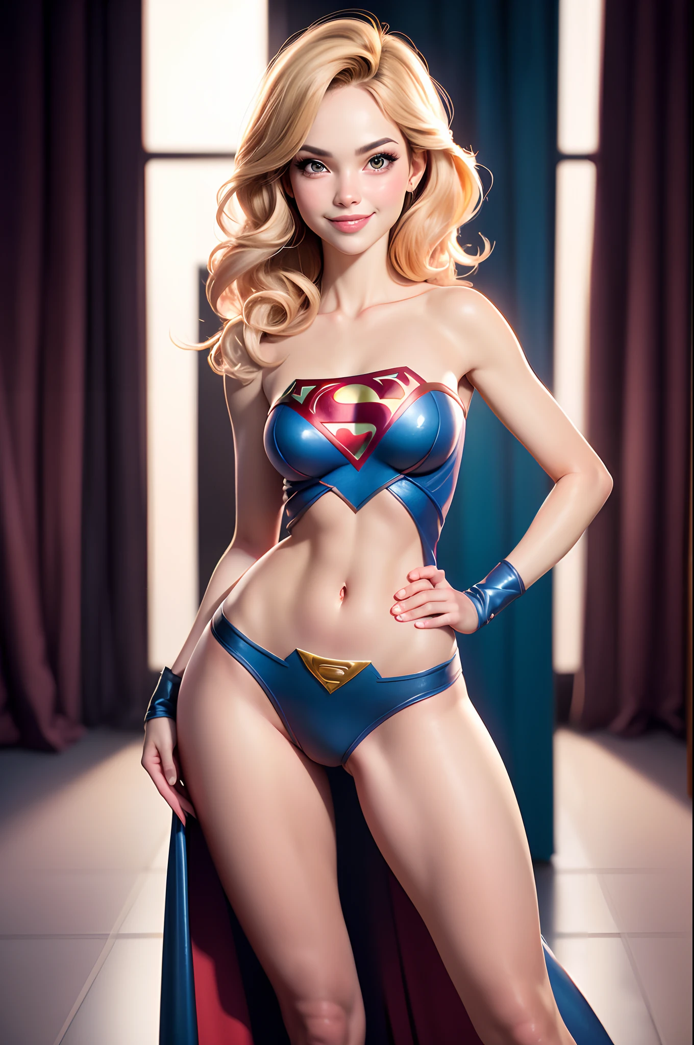 ((super girl)), Portrait photography by Art Germ, realism style, Lustrous skin, The main character of the cartoon, Natural light, tight lips, Strong body, Feminine body, full length, viewer, (Smile:1.2), Depth of field f/1.8, studio shot, (((looking in camera))), looking in camera, ((( Camera Eye))) , ellen von unwerth, (Sexy Pose:1.5),