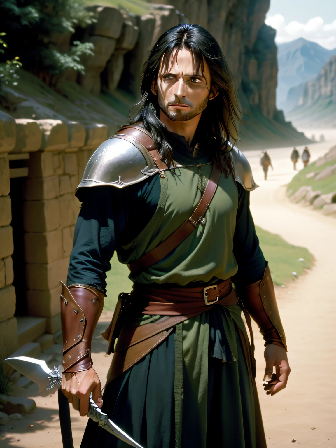 photo of the warrior Aragorn from Lord of the Rings, film grain