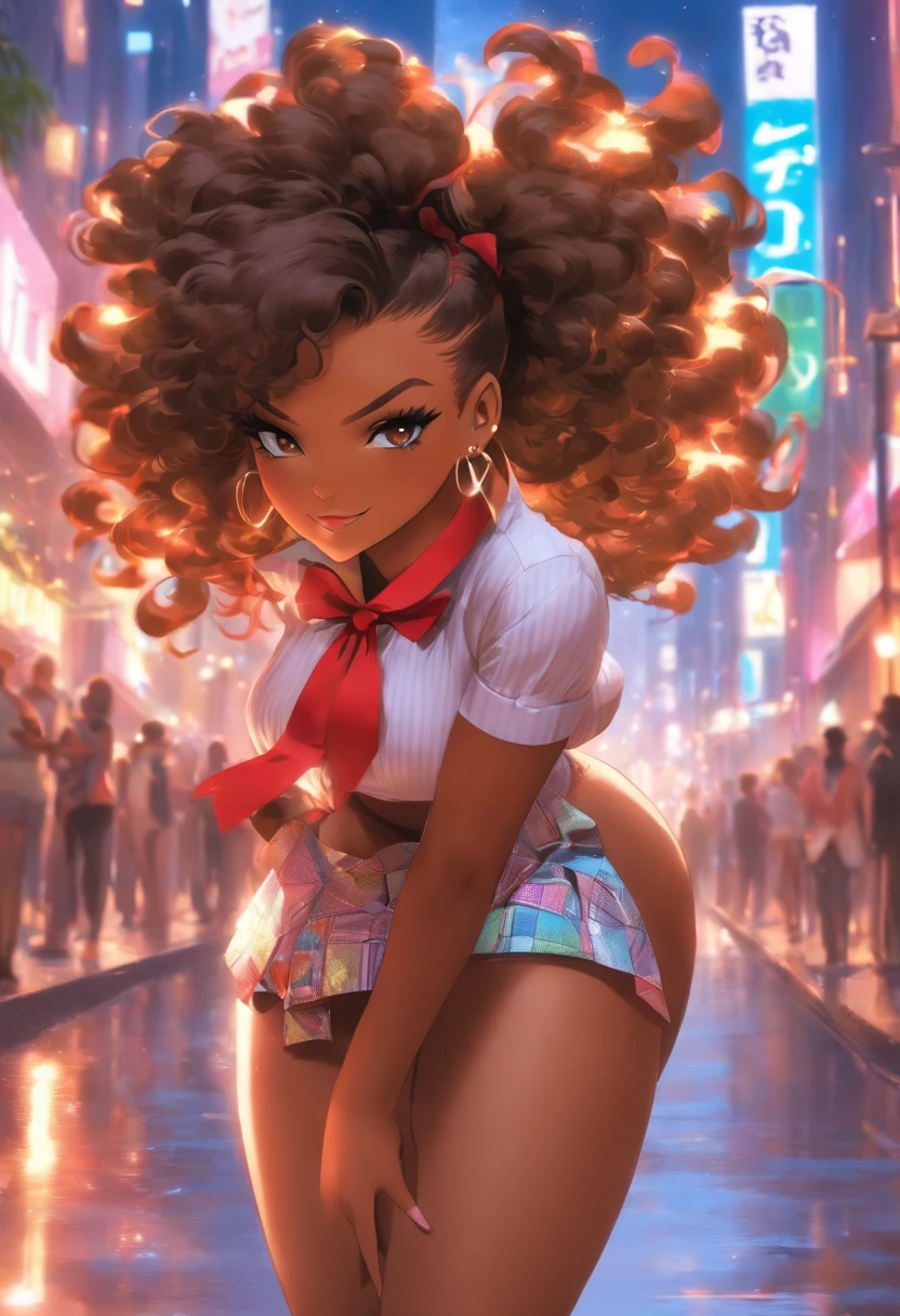 Sexy seductive black girl strutting,lollipop, (luscious smile: 0.6), dark skin, black hair, short curly afro, hair bobbles, (large breasts: 1.1), Rihanna, Lori Harvey, sexy, skinny, small waist, (wide hips), gigantic hip bones, heart-shaped derriere, big ass, school uniform, tie, tie ribbon, skirt, beautiful eyes in detail, (masterpiece: 1.2, superb), realistic, (real shot, fine crafted, depth of field), (1girl, solo), makeup, noble, (noble shirt and garter: 1.3), elegant but salacious, blush, red-light district at night, proud, confident, amarous, (glittering and shiny skin), beautiful and diverse jewelry, 21-years old, (curvaceous), (big ass: 1.3), bonny, (small mouth), skirt showing pubic part(masterpiece, ultra-detailed,best-quality, 2040hd) visual novel, CG m-da s-tarou