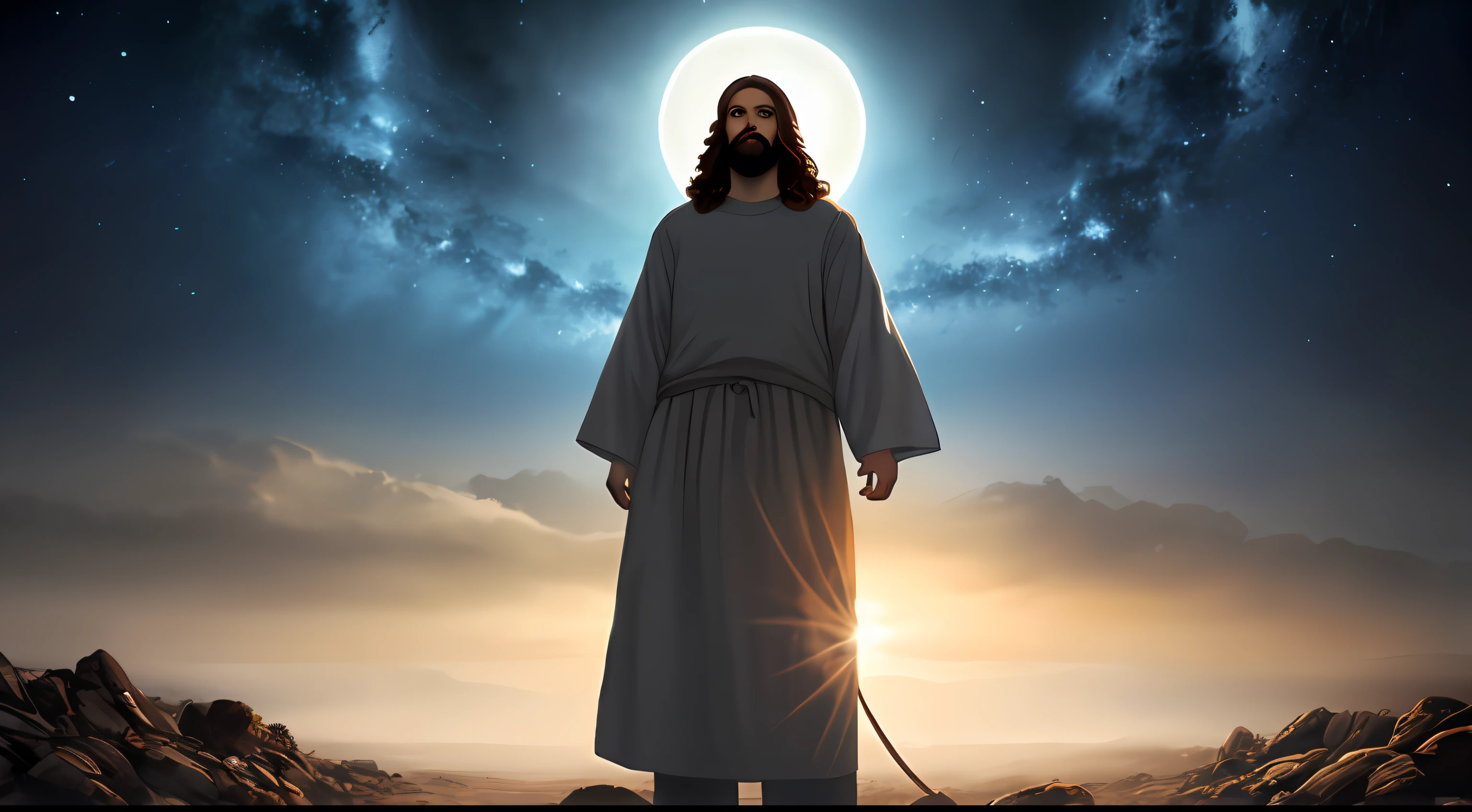 Jesus em um fundo escuro olhando diretamente para a frente, 8k, ultra detalhada, obra prima, excelente qualidade