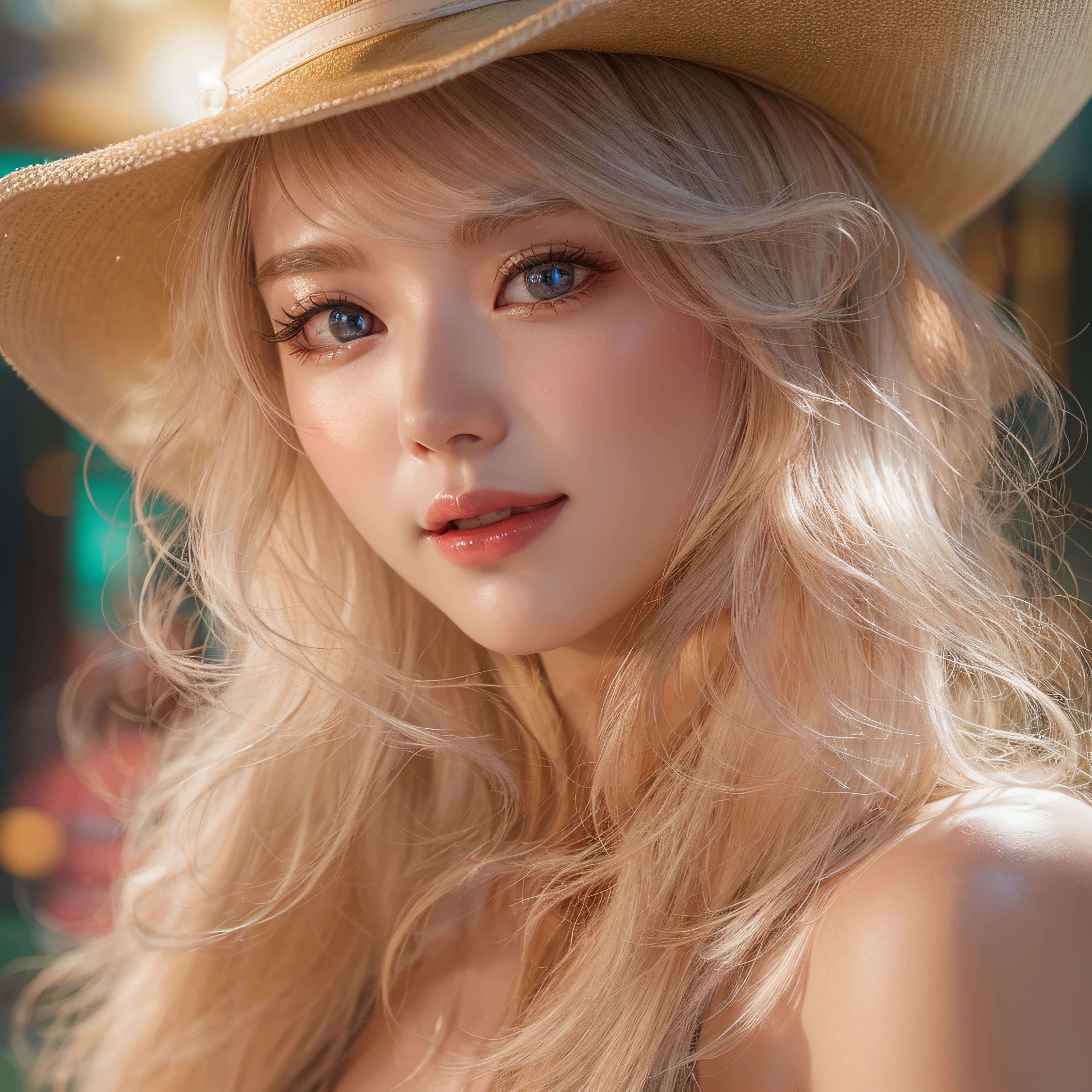 Girl, Single, Top Quality, Pretty ???????????, Best Masterpiece, Blonde, Ahe Face, Gal, Long Hair, Curly, Piercing, , Dark Skin, Mature Face, Cleavage, ??????, Japan Person, Full Smile
