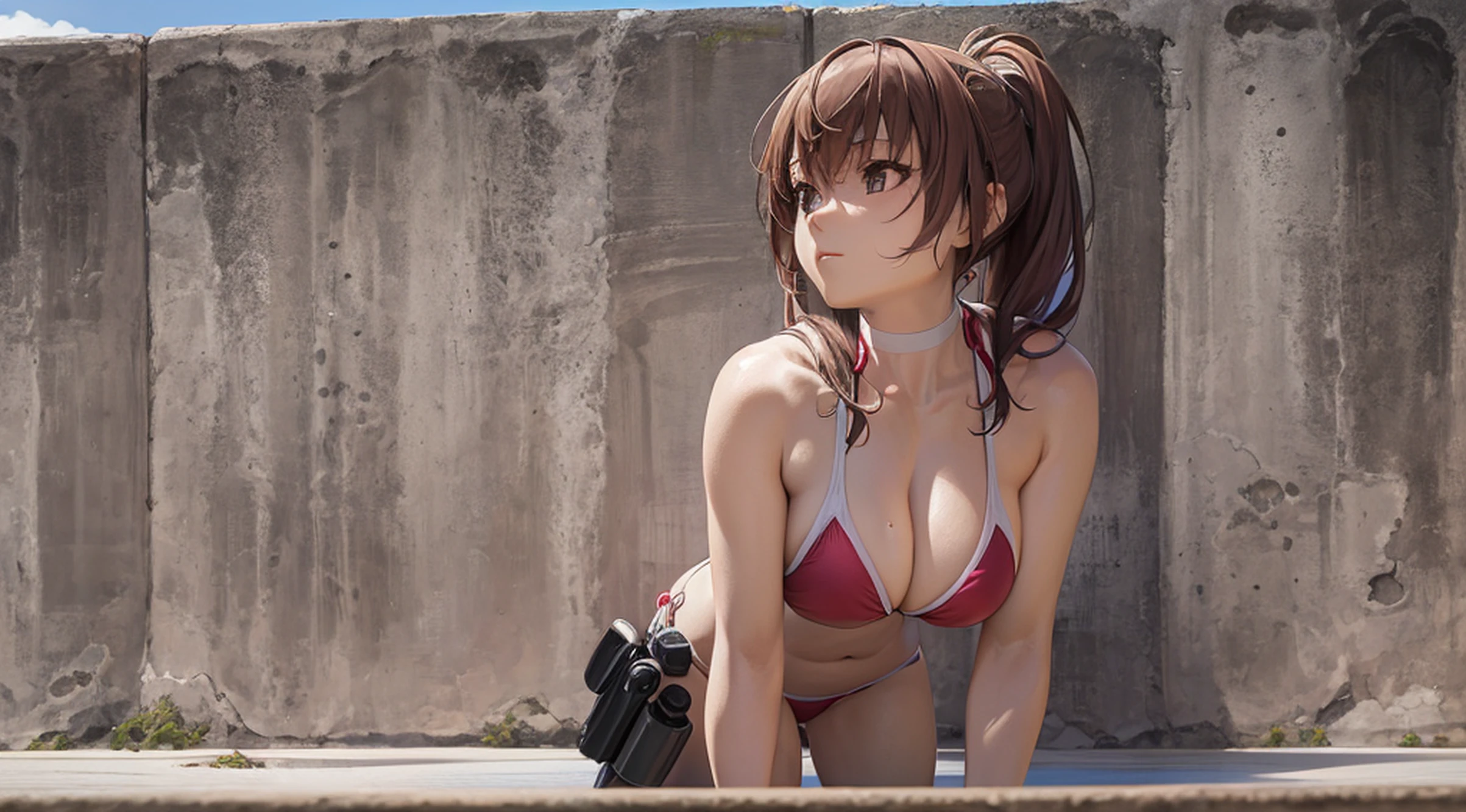 Anime girl in bikini taking photo in front of wall, oppai, Ecchi, Ecchi anime style, oppai proportions, hololive, wearing a swimming wear, Ecchi style, nagatoro, realistic bikini, biomechanical oppai, highly_Detailed!!, High resolution!!, in beach, Bottom Angle