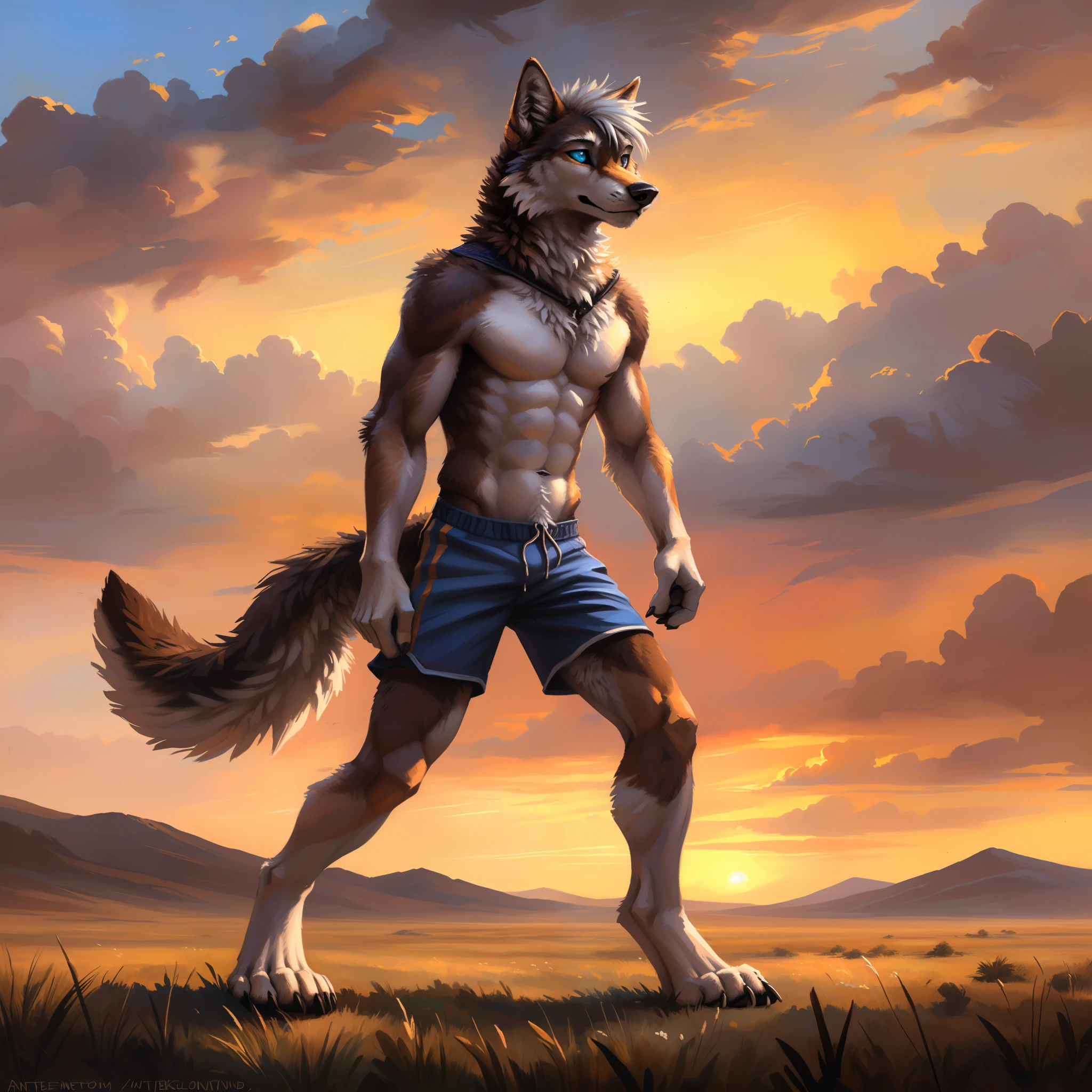 ((Solo)), male people, anthro wolf, (Multi-colored fur, White-brown:1.3), ((Wolf face, White hair, Big eyes, White eyelids, Blue pupil, Slim:1.2) (Tough, Calm expression:1.2)), Abs, Slim, pinging)), (Correct anatomy), (Work shorts:1.1), (Contour bone:1.2), The upper body is naked, (detailed outfits),A big tail,Feet,(Realistic fur, Detailed fur texture, labeled:1.3)), (Natural lighting), Photorealistic, Hyperrealistic, ultradetailed, by Kenket,Endless grasslands,No buildings,erect through