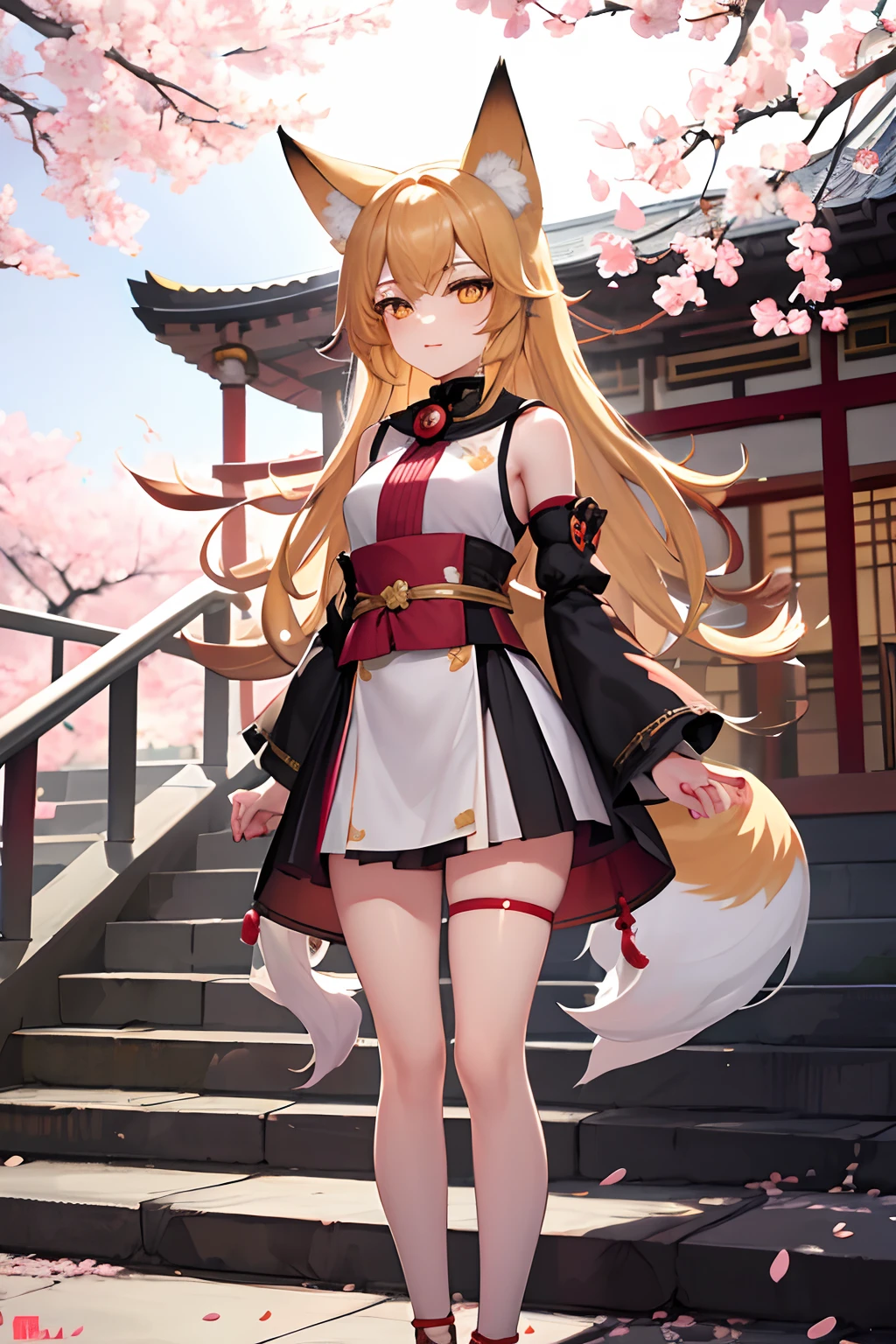 masterpiece, best quality, 1girl, yellow eyes, medium hair, stairs, cherry blossoms, temple, fox girl, detached sleeves, animal ears, happy, arms behind back,