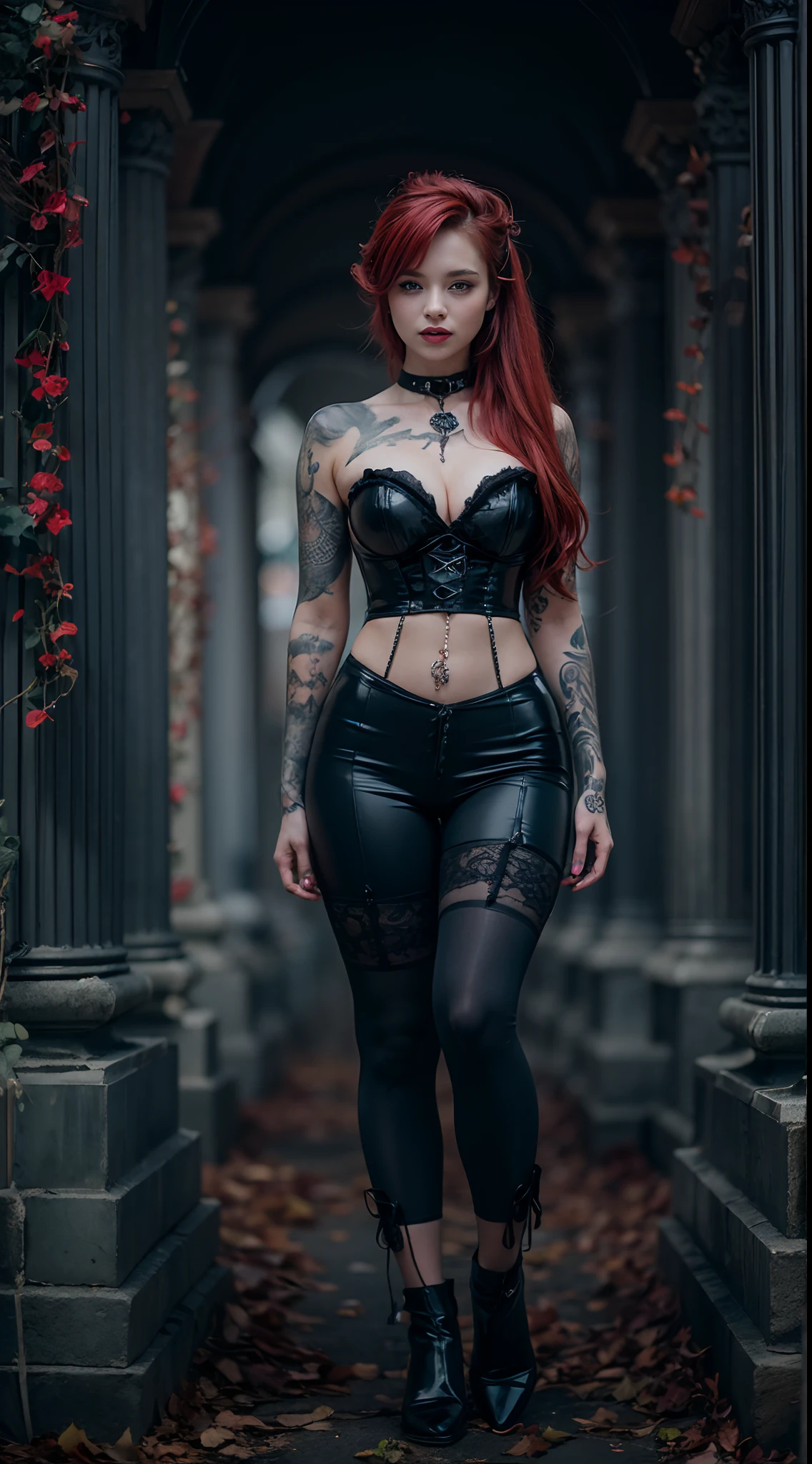 Cinematic film still, 1girl, new gothic gal, tattooed, 28yo, pale skin, innocent smile, ((lips pierced)), latex corset, ((detailed face)), (detailed skin), moist, intricate details, shallow depth of field, background creepy victorian age cemetery, [volumetric fog], cinematic lighting, reflections, photographed on a Canon EOS R5, 50mm lens, F/2.8, HDR, 8k resolution, full body, aged down, red hair, green eyes