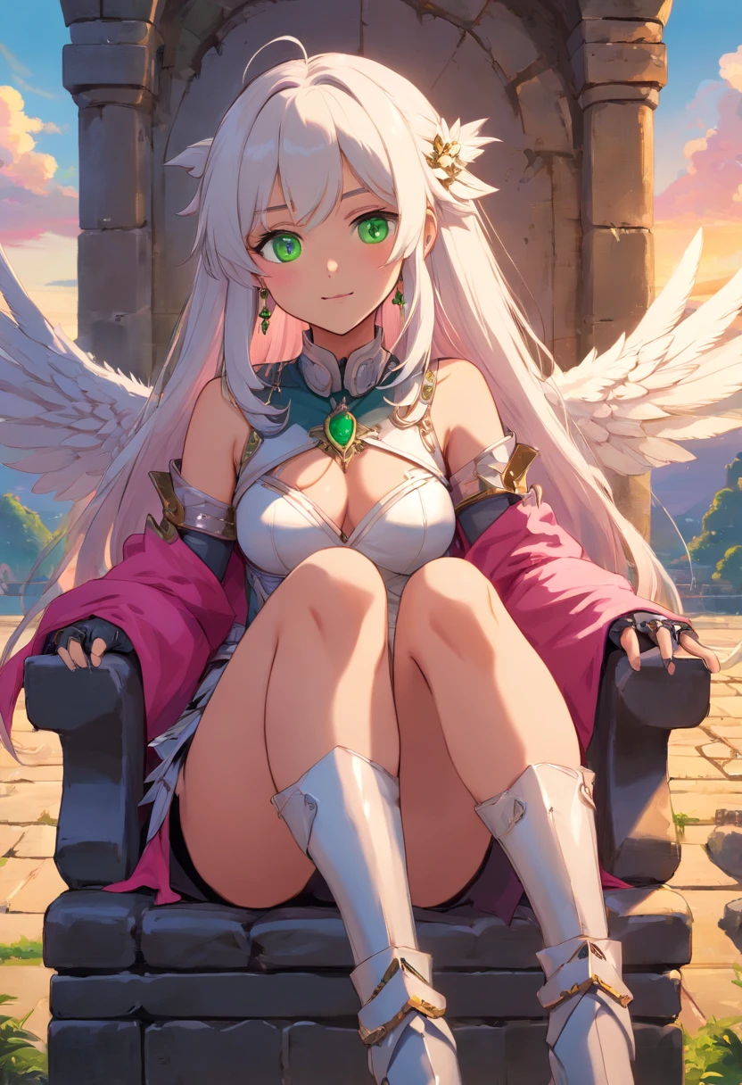 (highres, high quality:1.1), intricate details, cinematic lighting, digital art,sitting on a chair, crossed legs, hand on own head, seductive smile, smirk, looking at viewer, Nailkaiser, dark-skinned female, dark skin, 1girl, sunset sky, (ancient ruins:1.1), outdoors, complex background, full body, close-up, white hair, long hair, head wings, (white lipstick:1.1), detailed face, green eyes, jewelry, earrings, cropped jacket, shoulder spikes, armor, bridal gauntlets, pink see-through,  thigh boots, large breasts,