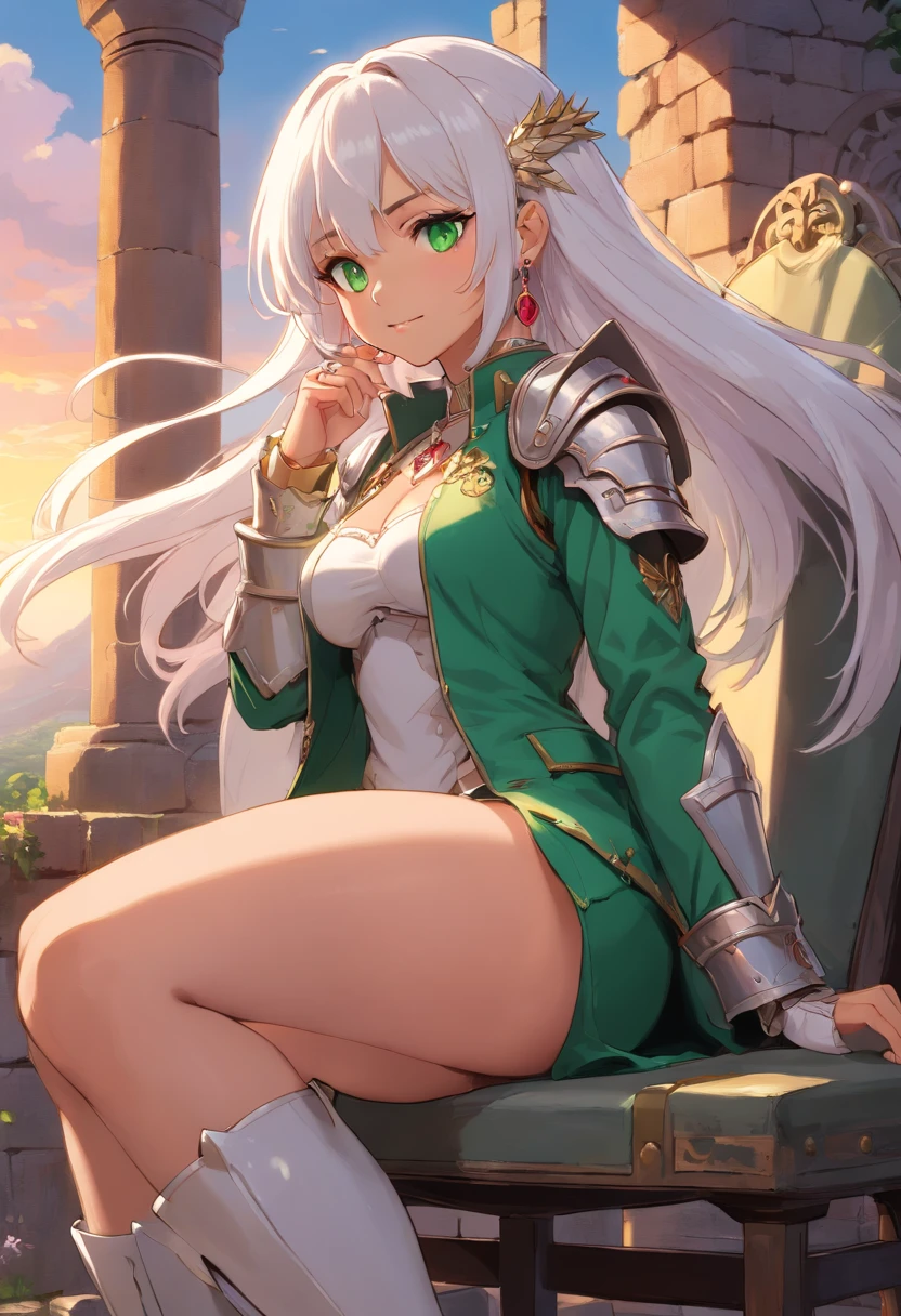 (highres, high quality:1.1), intricate details, cinematic lighting, digital art,sitting on a chair, crossed legs, hand on own head, seductive smile, smirk, looking at viewer, Nailkaiser, dark-skinned female, dark skin, 1girl, sunset sky, (ancient ruins:1.1), outdoors, complex background, full body, close-up, white hair, long hair, head wings, (white lipstick:1.1), detailed face, green eyes, jewelry, earrings, cropped jacket, shoulder spikes, armor, bridal gauntlets, pink see-through, thigh boots, large breasts,