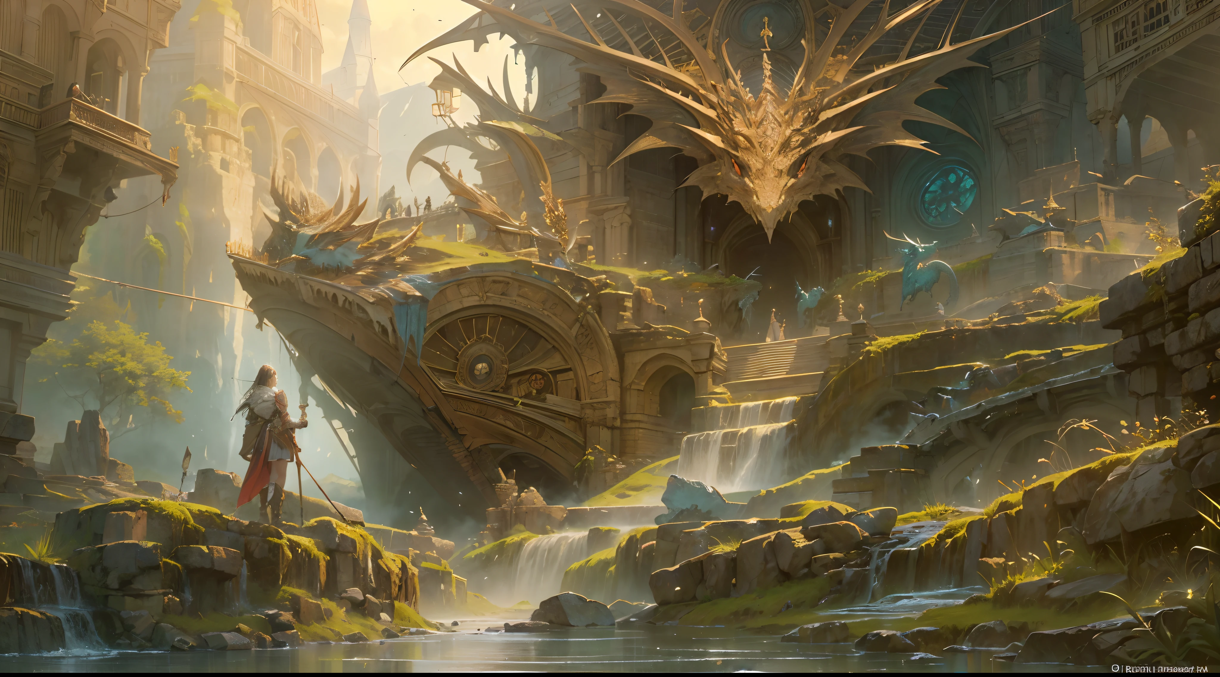 (by Greg Rutkowski: 1.2), (masterpiece), (best quality), extremely delicate and beautiful, illustration, (fantasy landscape), A mesmerizing fantasy landscape with enchanting elements blending seamlessly. (fantasy realm of dragons), Providing a distant view that captures the grandeur and atmosphere. From Brian Froud and Carne Griffiths and Wadim Kashin and John William Waterhouse, 8K post-production, high resolution, hiper detailed, depth of field, HDR, intricate