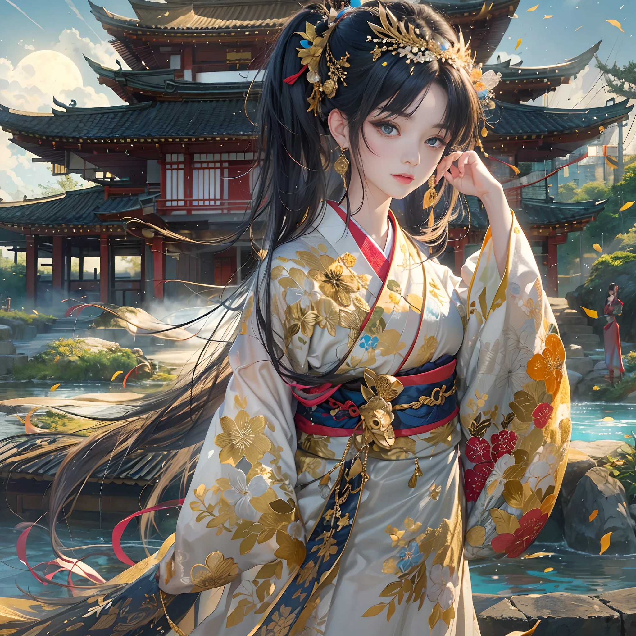 watching at viewers、Ancient capital and moon in the background、Dense background、poneyTail、Woman with shiny black hair、{{{Luxury kimono(Colorful kimono(Detailed golden embroidery,))}}}、face perfect,Depict a beautiful and graceful woman of Japan。Heart in the eye。full body Esbian。 Wallpaper 8K, .Blur the background with a sickle,((masutepiece)), ((Best Quality))