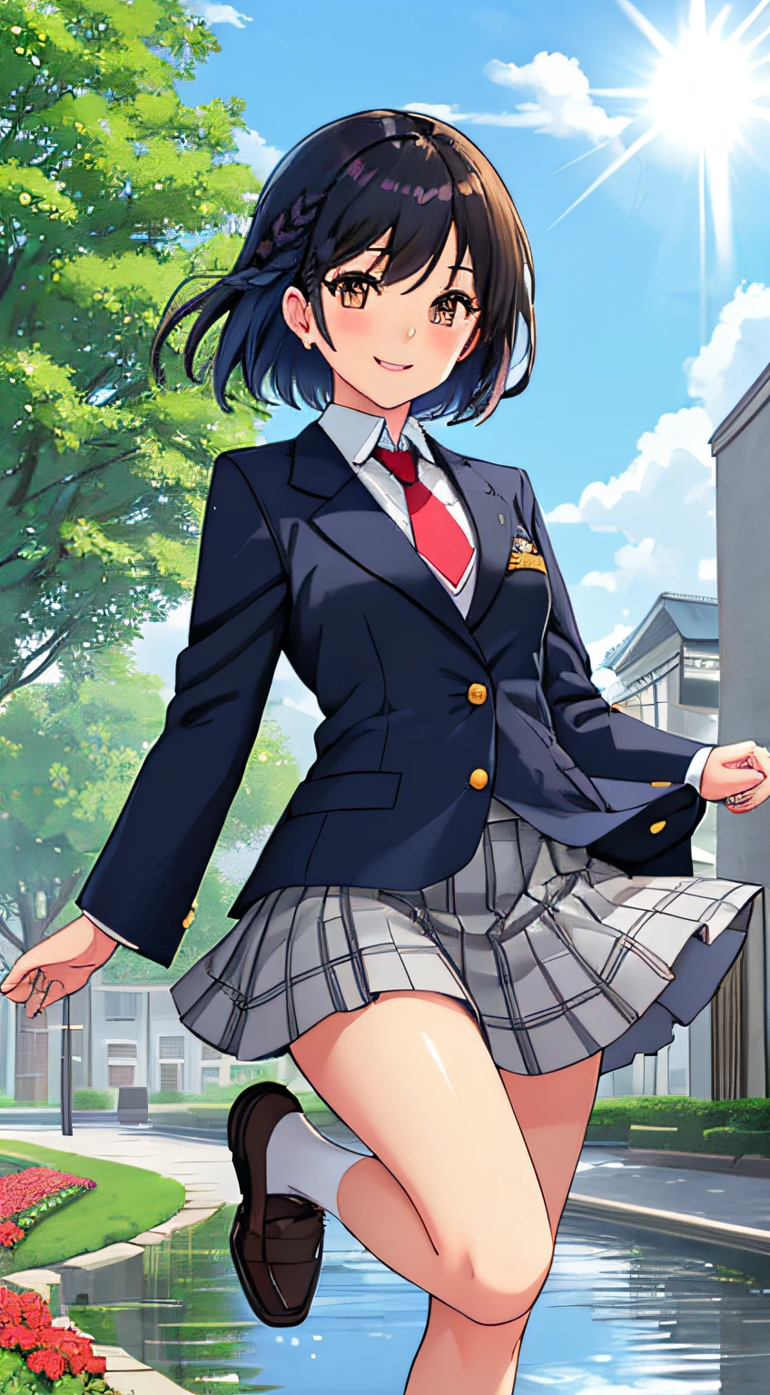((Masterpiece,Best Quality)), Japanese style, Japanese anime style, realistic expression, (Solo), One woman, full body figure, slender build, cute, age girl, small breasts, (High Resolution), (Extreme Detail), (highly detailed face), soft looking skin, finely drawn face, clean (highly detailed eyes), soft skin, finely drawn face, beautiful deep brown eyes (highly detailed eyes), slender thighs, blush, shoulder length silky short bob, right side hair in braid, black hair (colorful hair: 1.2), uniform, (sparkles: 1.2), long white shirt, colorful red tie, navy blazer, beautiful knee length gray checks that flutter in the wind. Gray plaid skirt, shiny black tights, loafer shoes, holding a smartphone in one hand and raising it, rushing to the front of the screen, smiling with a shy expression, city park sidewalk in the background, water reflection, rain, floating water drops, lots of flower beds,,(blue sky),lens flare,(blue sky),(blue sky),(blue sky),lens flare,(blue sky),lens flare,(blue sky),lens flare,(blue sky),lens flare,(blue sky),lens flare,(blue sky),lens flarefine features, masterpiece, top quality perfect anatomy, centered, perfect distance, beautiful, highly detailed, smooth, illustration, masterpiece, intricate, accurate, wonderful, amazing, super, exquisite, rich colors, intricate details, golden ratio illustration