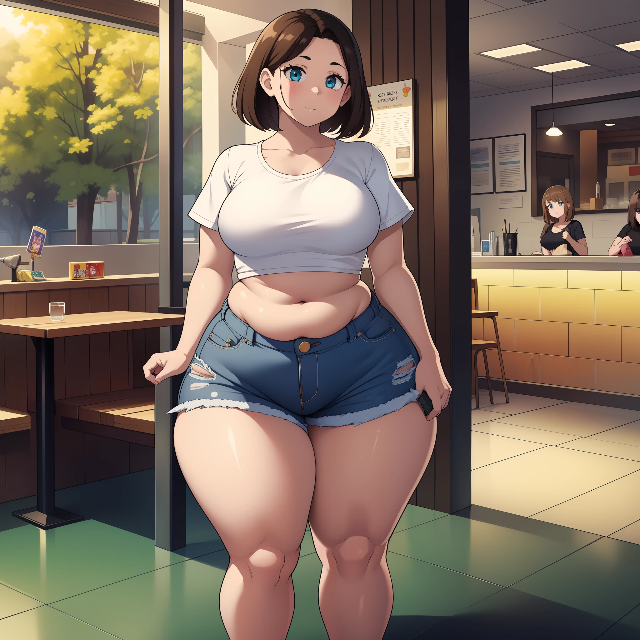 ((highres)), Masterpiece, high quality, best quality, beautiful, perfect lighting, detailed face, ultra cute face, (((3girls))), one girl has blonde hair, blue eyes, crop top and shorts skindentation, one girl has brown hair, green eyes, jeans, white shirt, tight clothes, one girl has, Short black hair, brown eyes, crop top and shorts full body, fast food restaurant, medium breasts, ((wide hips)), (thick thighs), ((chubby)), pudgy belly, fat folds, standing, belly grab,