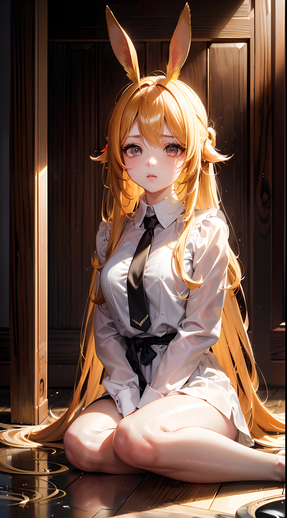 (Best quality,16k wallpaper,high resolution:1.2),Red to yellow hair, wavy and long hair, Shiny hair color, Perfectly detailed face, full pouty lips, watery big eyes, Vertical pupils, reflective light, Woman with rabbit ears, Black and white shirt, Lazily lying in a solid wooden box, Soft lighting, full body shot of