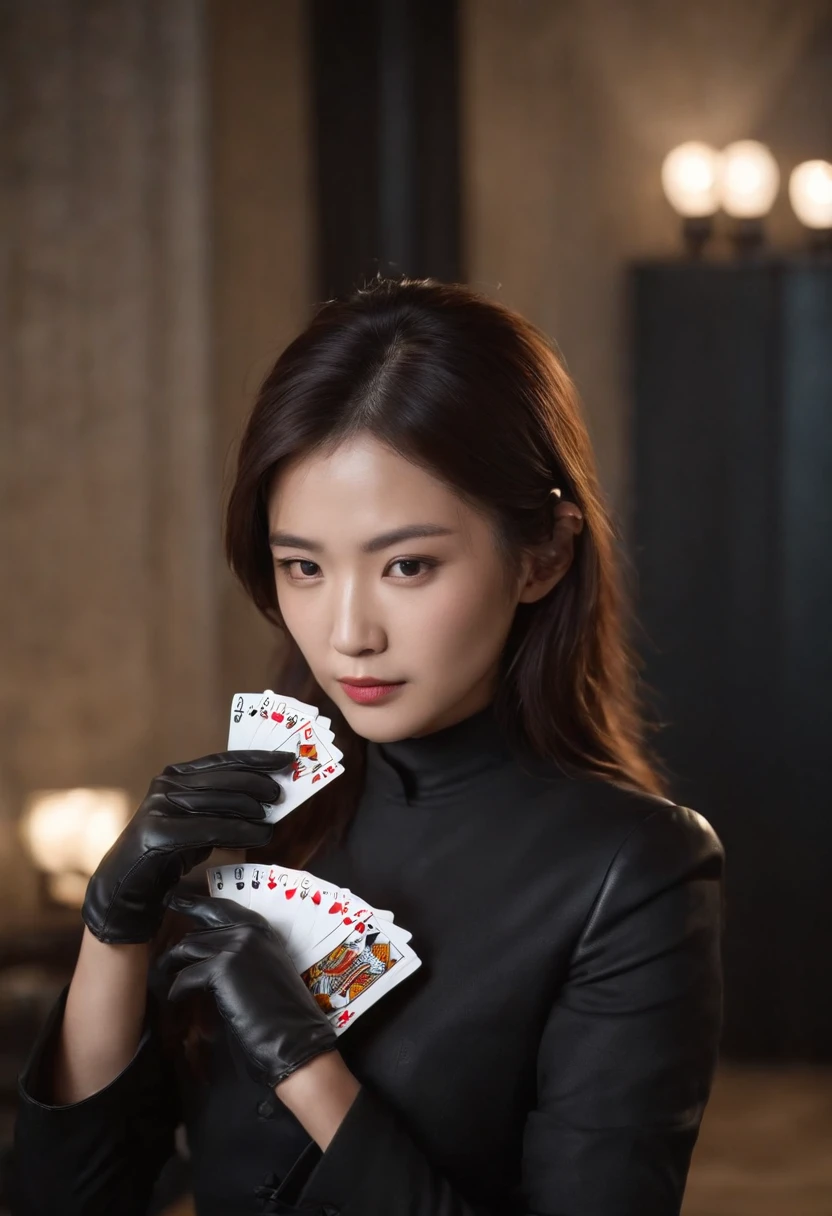 A young Japanese woman with a black suit up to a shirt and playing cards with black leather gloves on both hands