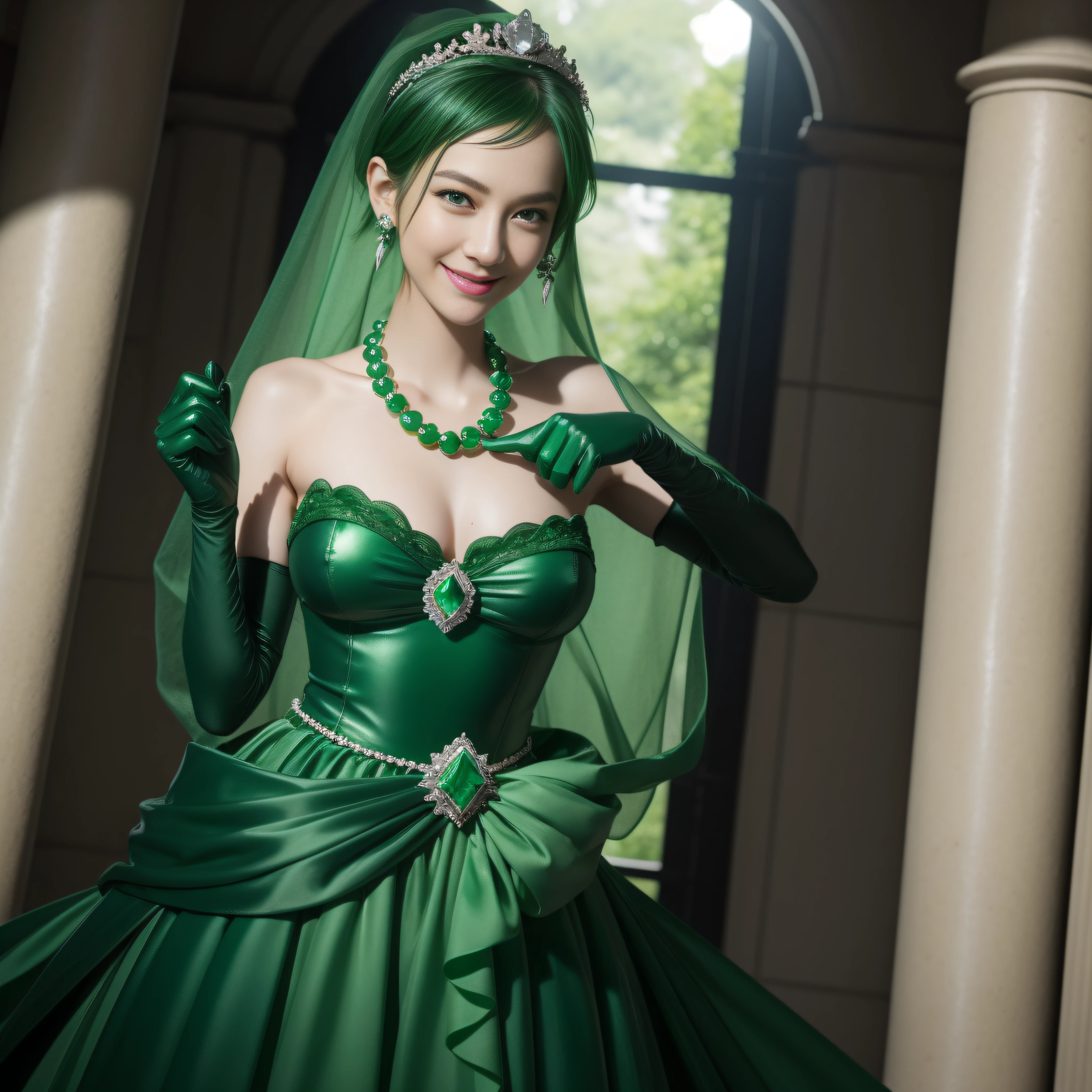 emerald tiara, Green Pearl Necklace, Boyish very short green hair, lipsticks, Japan woman smiling, very short short hair, big breasts beautiful, Green eyes, Long green gloves made of satin material, Green eyes, Emerald earrings