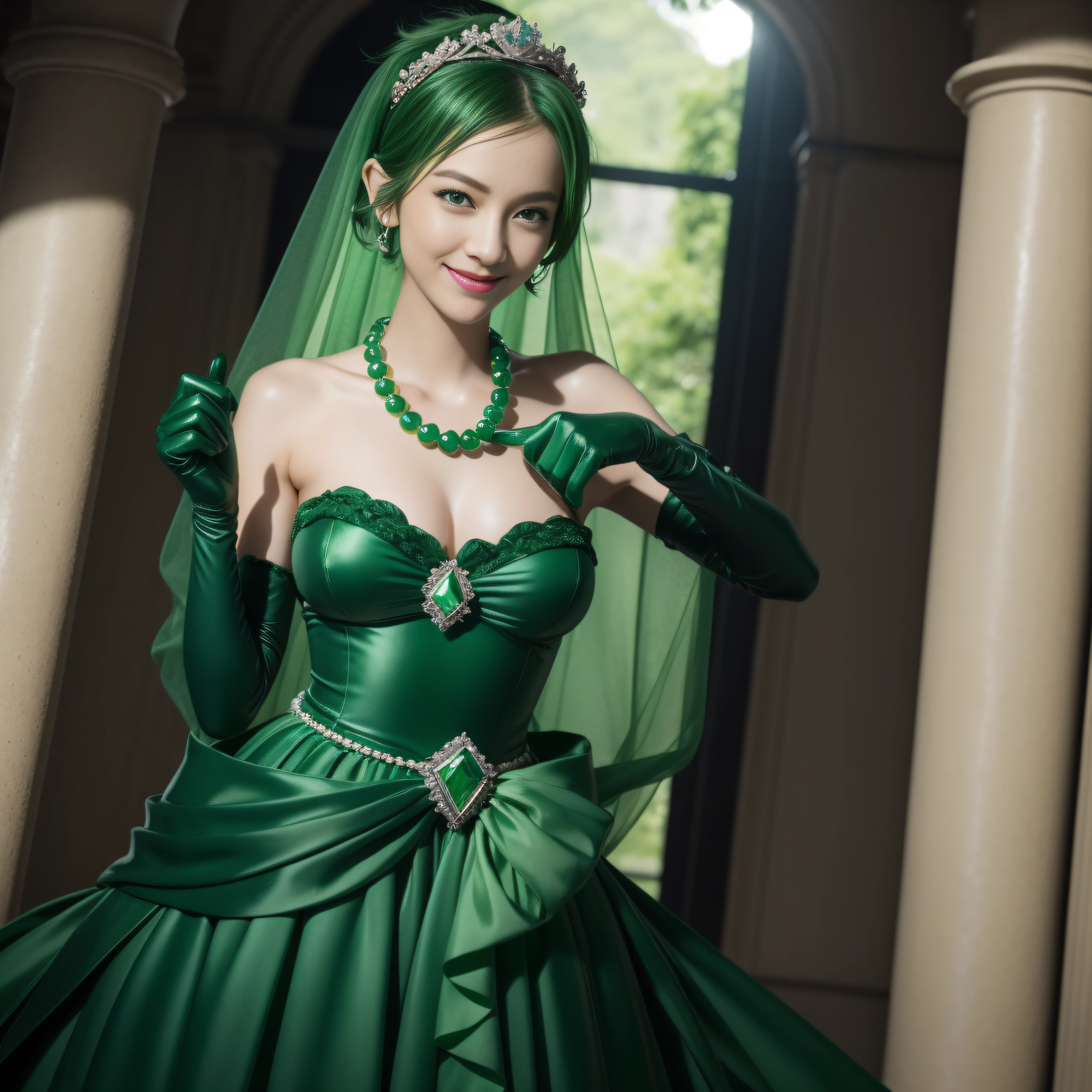 emerald tiara, Green Pearl Necklace, Boyish very short green hair, lipsticks, Japan woman smiling, very short short hair, big breasts beautiful, Green eyes, Long green gloves made of satin material, Green eyes, Emerald earrings