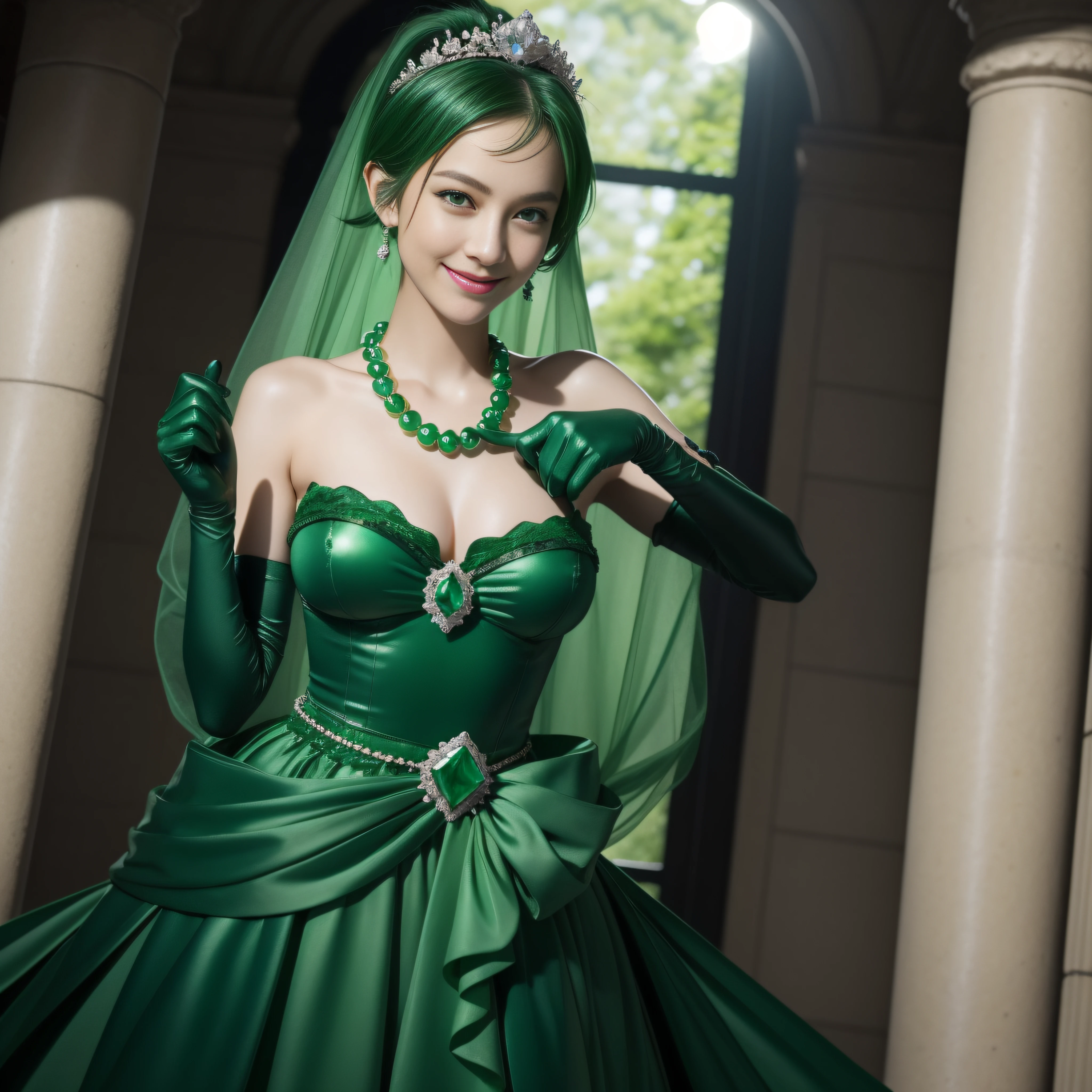 emerald tiara, Green Pearl Necklace, Boyish very short green hair, lipsticks, Japan woman smiling, very short short hair, big breasts beautiful, Green eyes, Long green gloves made of satin material, Green eyes, Emerald earrings