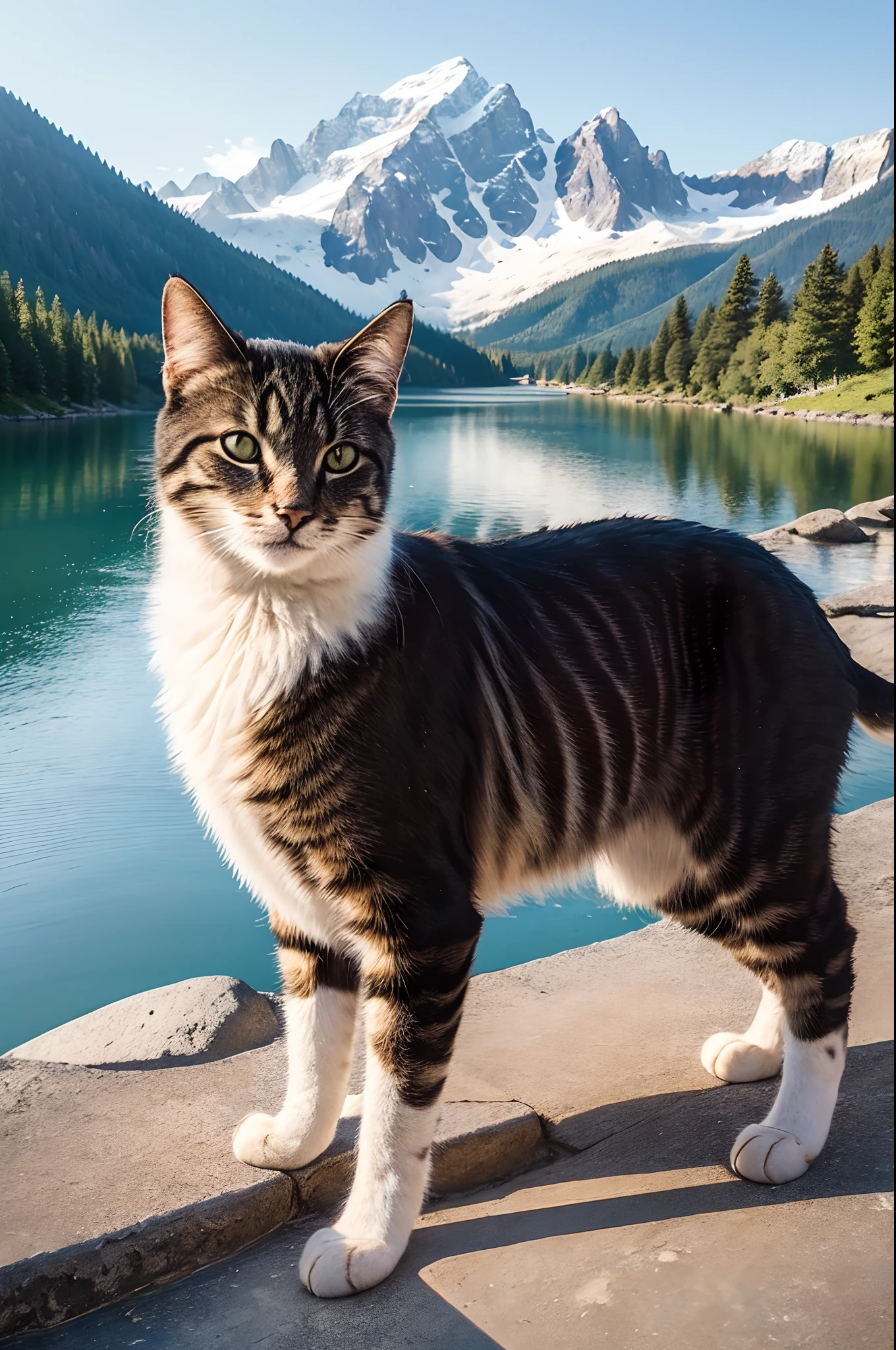 ((top-quality、​masterpiece、photographrealistic:1.4、in 8K))、Cats、(Mountains and lakes in the background)、detailed pussy、Delicate and beautiful cat、Beautiful Landscapes