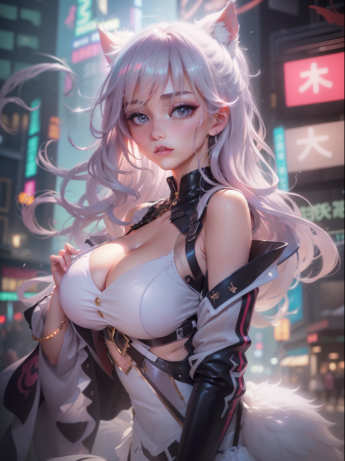 (((tmasterpiece)))、(((top-quality)))、((ultra-definition))、(High Definition CG Illustration)、((Extremely Delicately Beautiful))、The future city、Cinematic light、独奏、full body Esbian、Beautiful neon lights、2080s、anime big breast、Beautiful girl、Two-tailed girl、trending on artstationh、Rachel Walker、