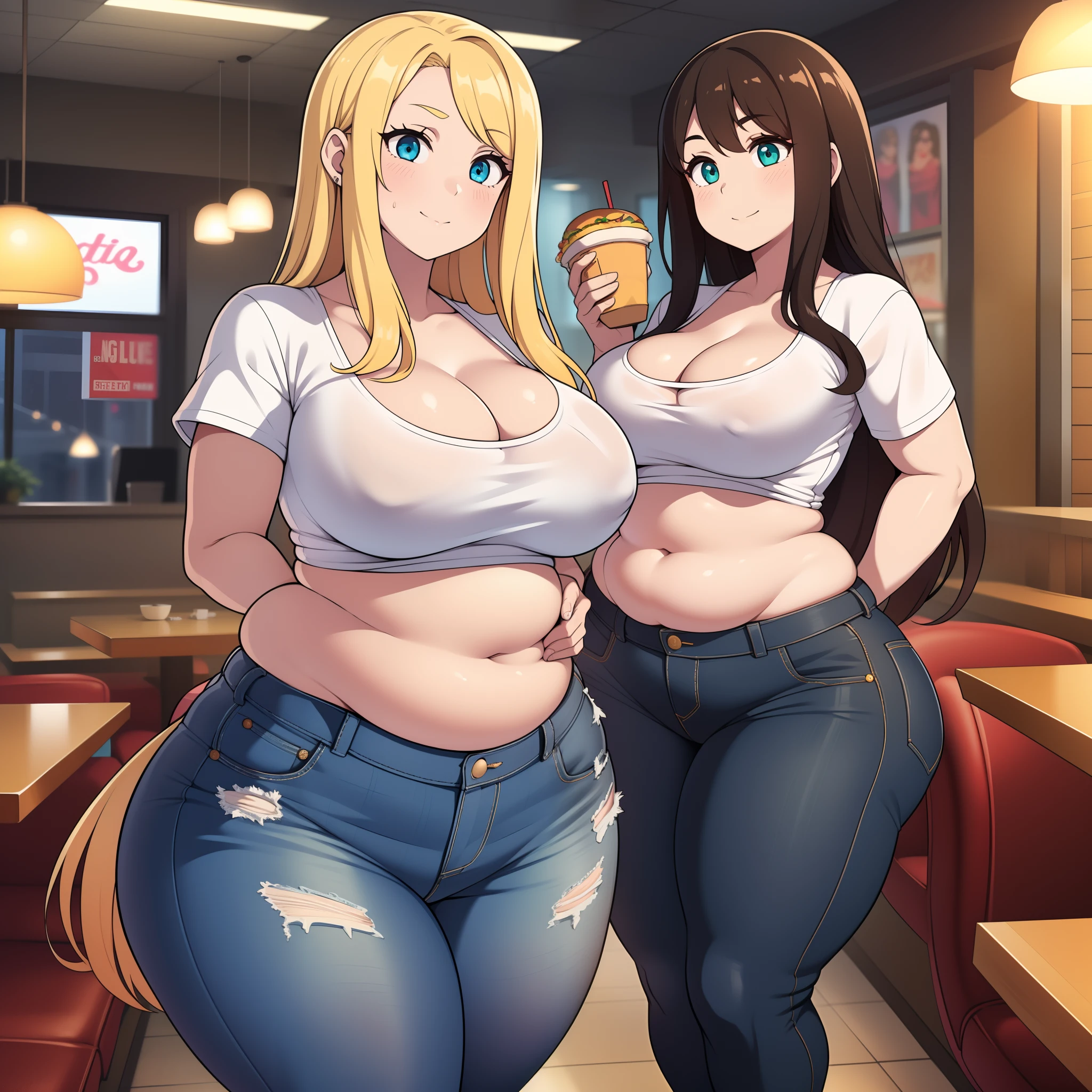 ((highres)), Masterpiece, high quality, best quality, beautiful, perfect lighting, detailed face, ultra cute face, ((2girls)), one girl has blonde hair, blue eyes, crop top and shorts skindentation, one girl has brown hair, green eyes, jeans, white shirt, thighs clothes, full body, fast food restaurant, medium breasts, perky breasts, cleavage, ((wide hips)), ((thick thighs)), ass, ((chubby)), pudgy belly, fat folds, standing, (belly grab)