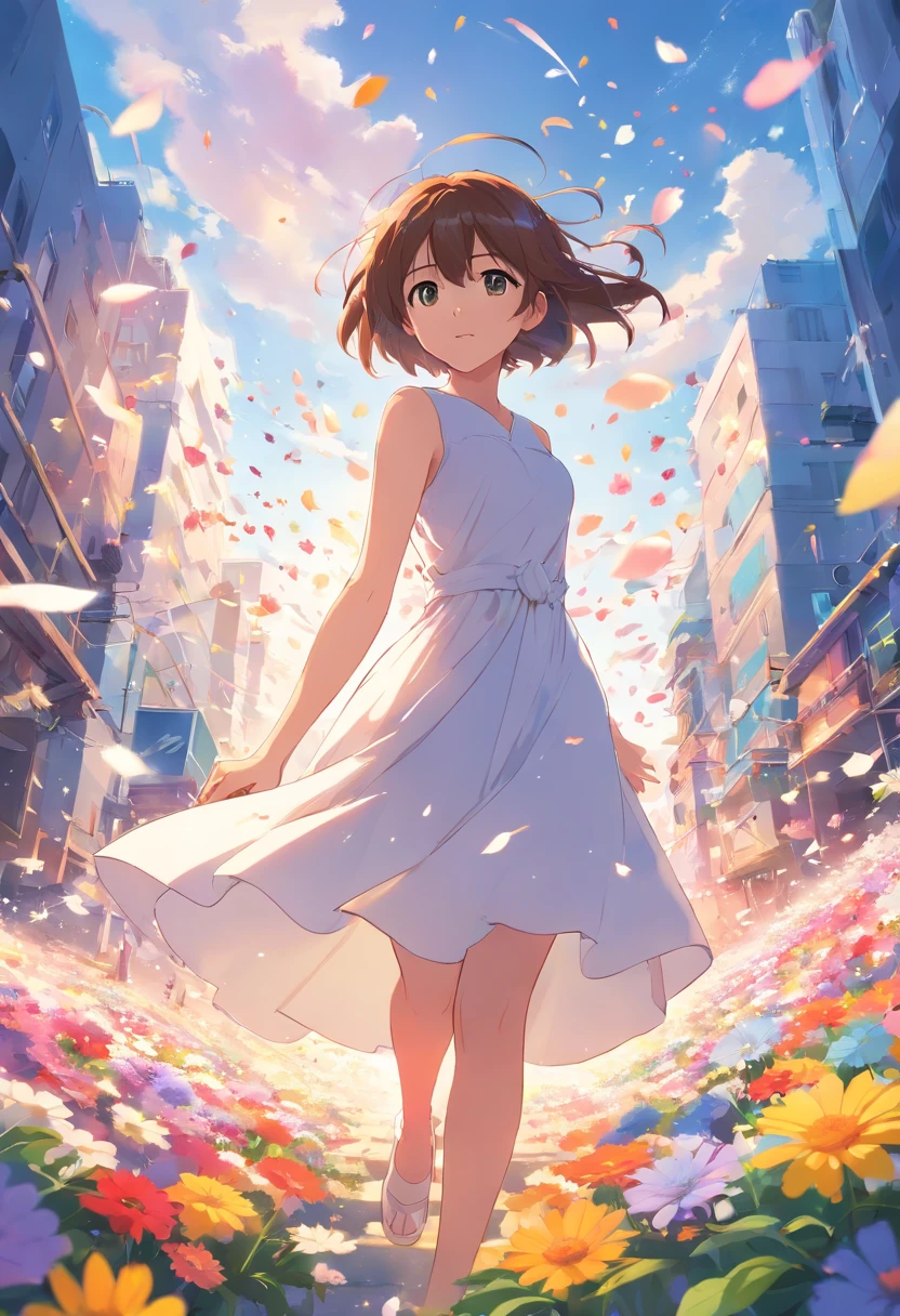 masuter piece、High quality、White dress、 1 girl in、Colorful flowers are scattered、Many petals fluttering、colourfull、Dynamism、catss、