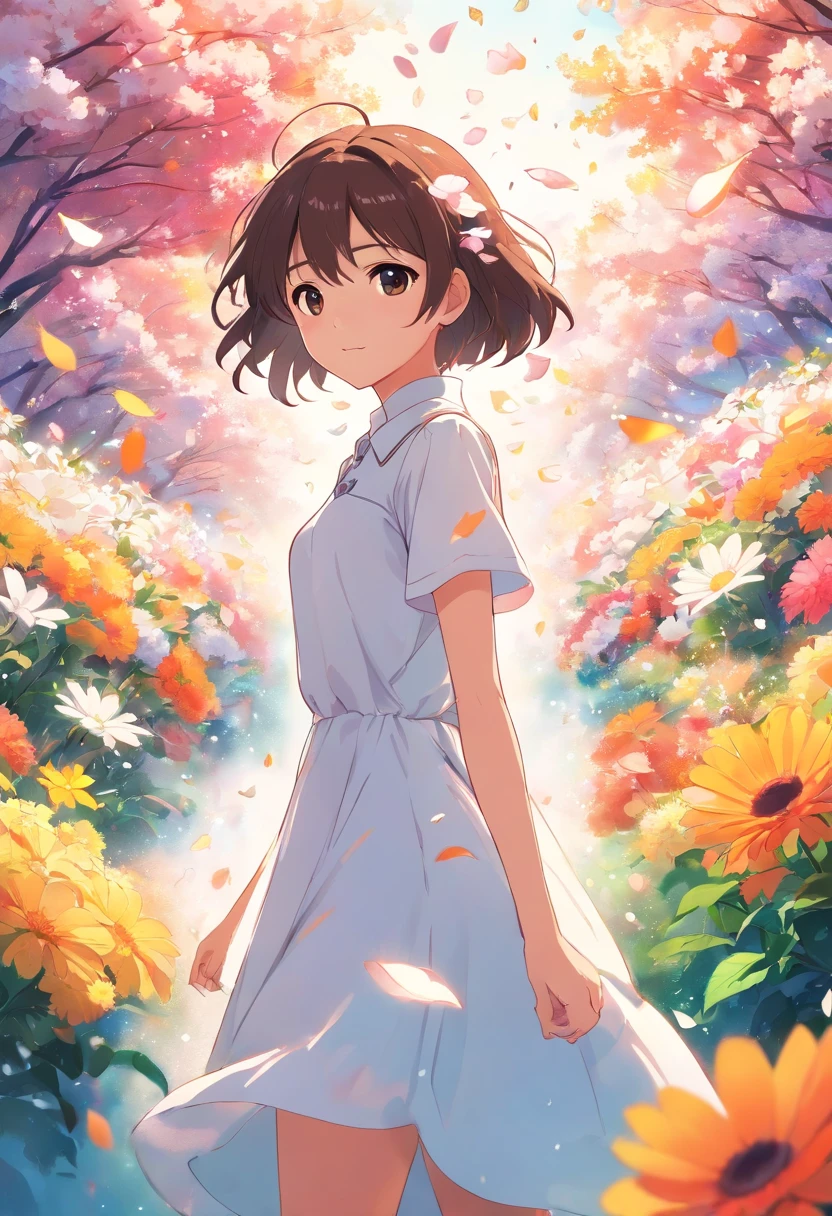 masuter piece、High quality、White dress、 1 girl in、Colorful flowers are scattered、Many petals fluttering、colourfull、Dynamism、catss、