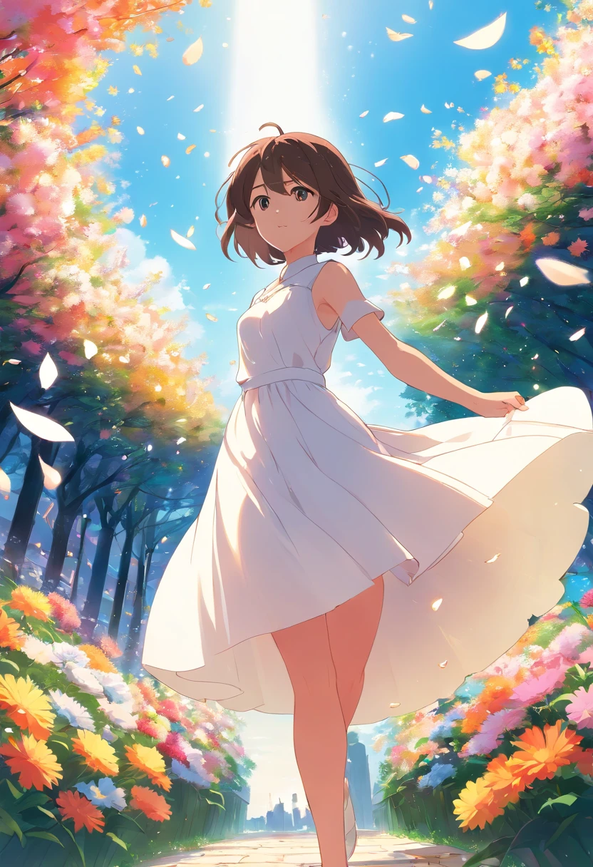 masuter piece、High quality、White dress、 1 girl in、Colorful flowers are scattered、Many petals fluttering、colourfull、Dynamism、catss、