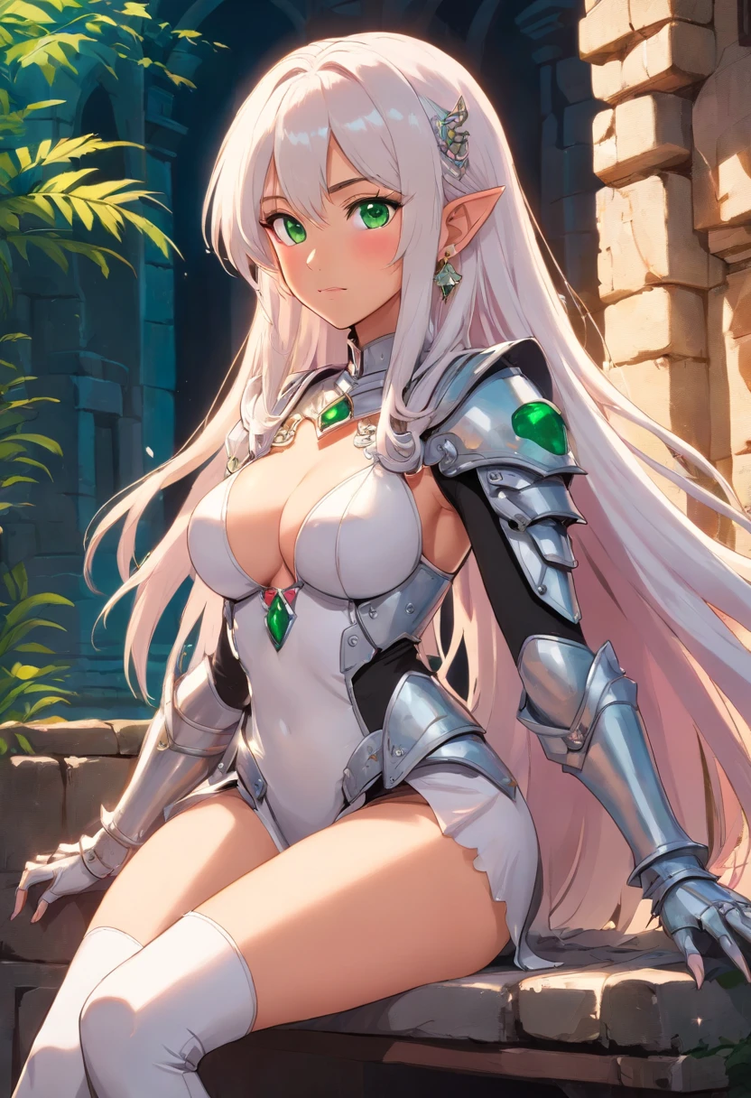 (highres, high quality:1.1), intricate details, cinematic lighting, digital art,sitting on a chair, crossed legs, hand on own head, seductive smile, smirk, looking at viewer, Nailkaiser, dark-skinned female, dark skin, 1girl, sunset sky, (ancient ruins:1.1), outdoors, complex background, full body, close-up, white hair, long hair, head wings, (white lipstick:1.1), detailed face, green eyes, jewelry, earrings, cropped jacket, shoulder spikes, armor, bridal gauntlets, pink see-through,  thigh boots, large breasts,