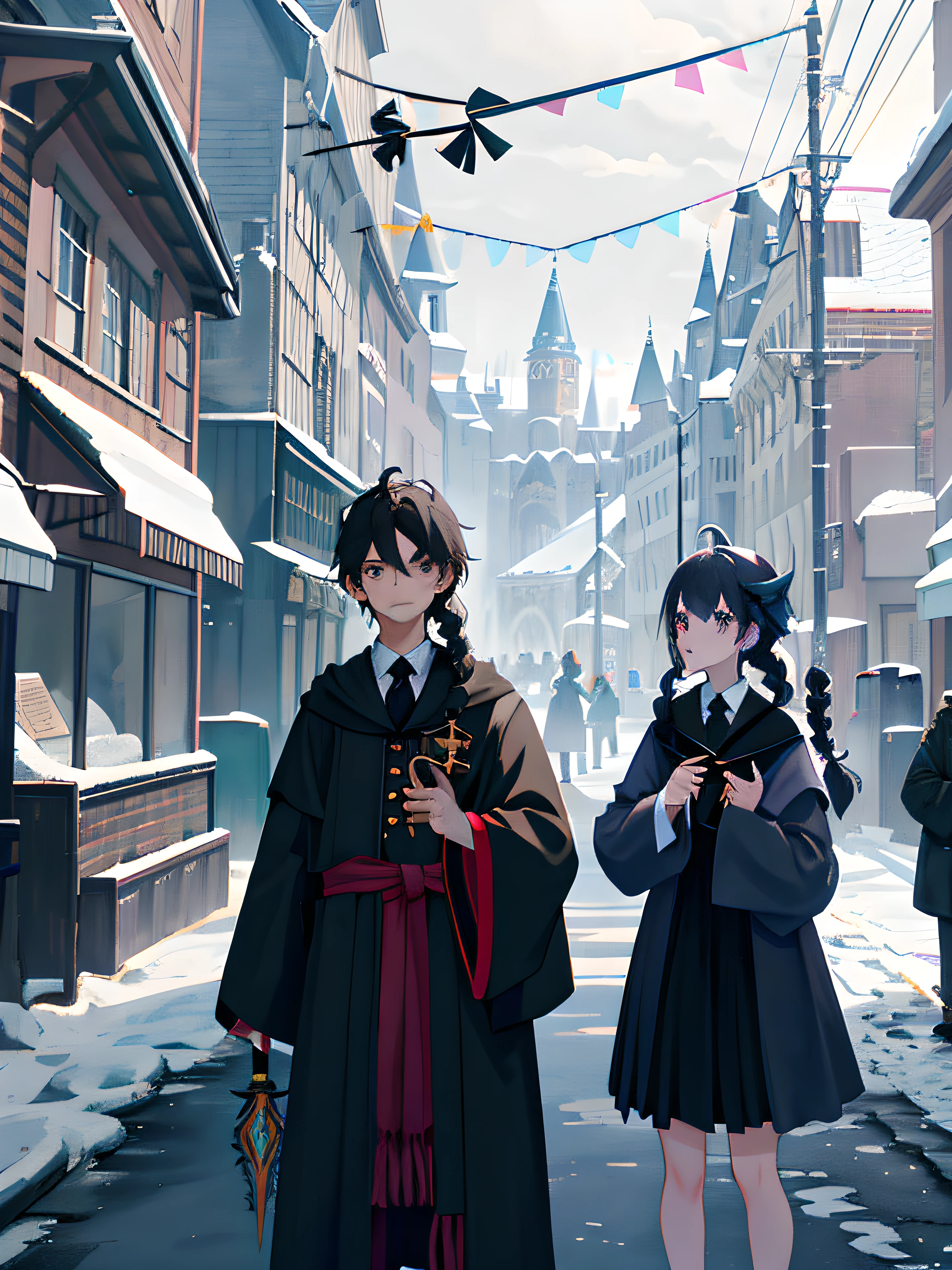 dressed in a black robe,Arapei with black pigtails stood in front of a building,Cute boys,A small braid, holding a wand, holding wands, holding wand, wearing hogwarts!!! Robes!!!, outside the'school of magic ', holding the elder wand, Outside the School of Magic, Holding a magic wand, wands, in hogwarts, dressed as a wizard, the wall