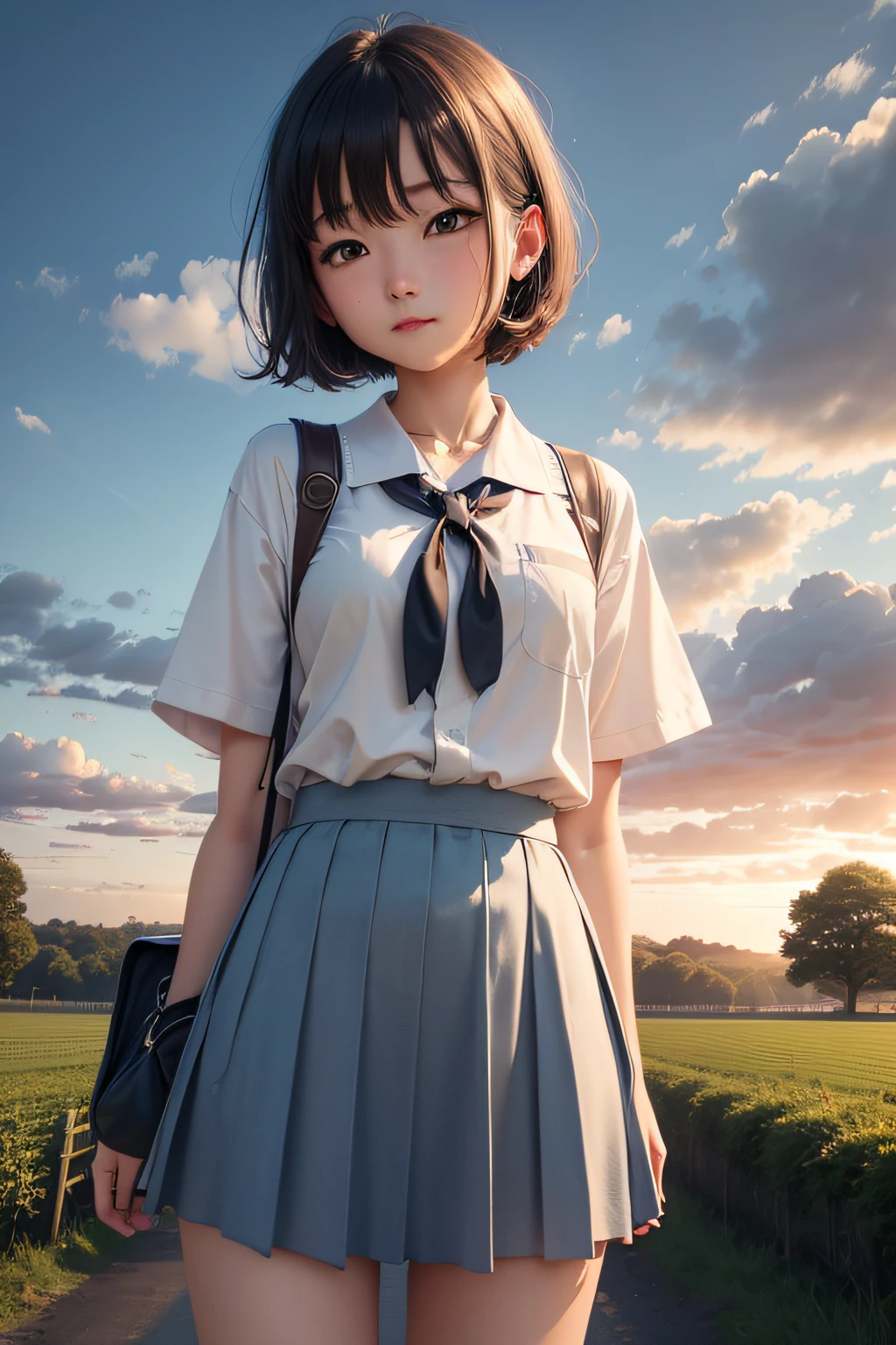 High Definition, skyporn, Clouds,,countryside, High school students、校服、frontage、short-cut