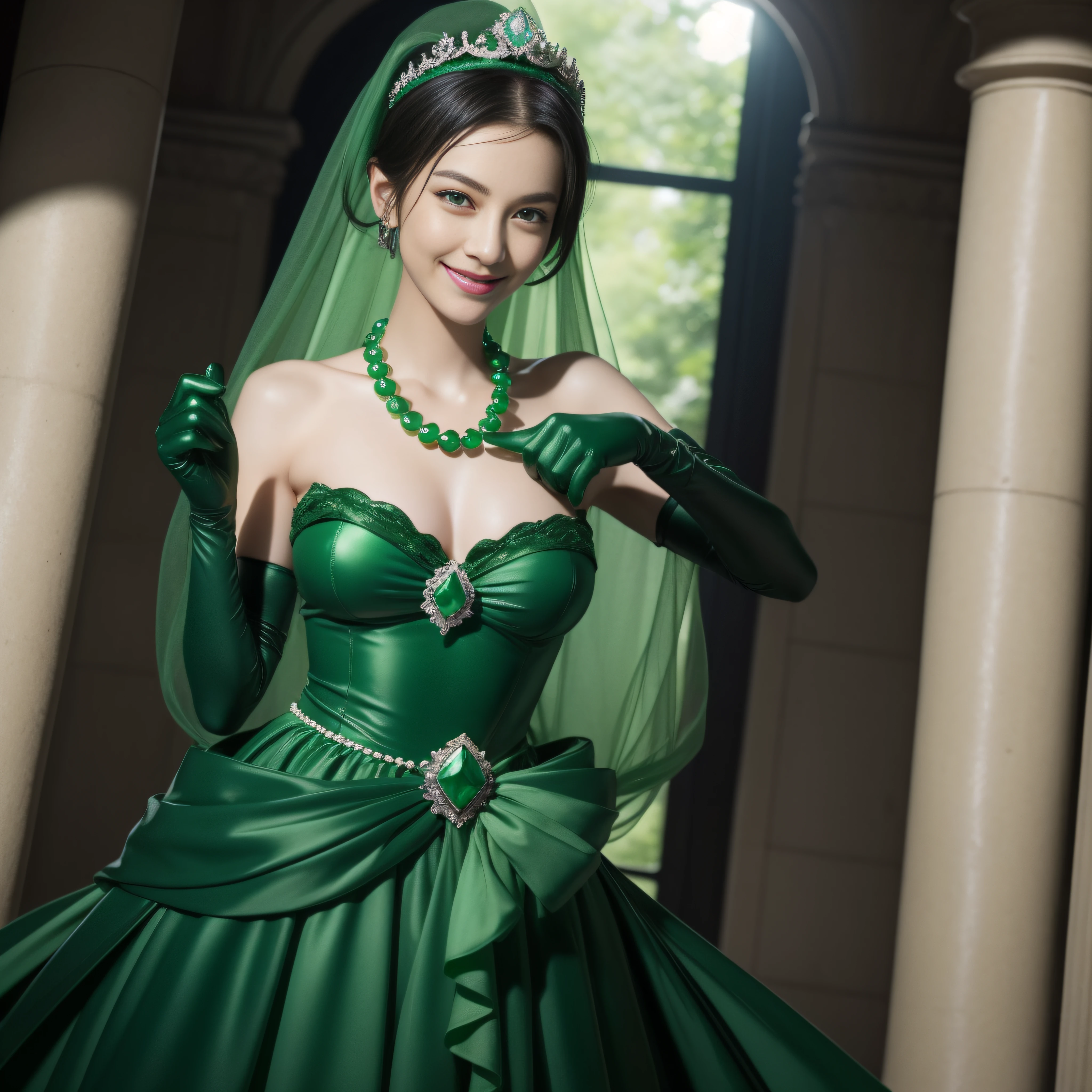 emerald tiara, Green Pearl Necklace, Boyish very short black hair, lipsticks, Japan woman smiling, very short short hair, big breasts beautiful, Green eyes, Long green gloves made of satin material, Green eyes, Emerald earrings