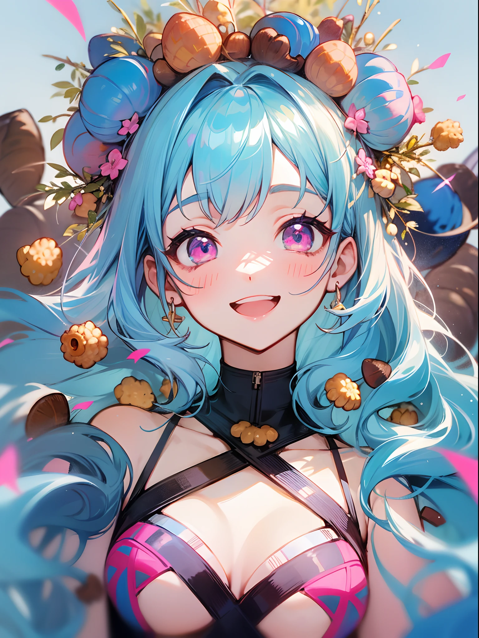 16yo girl、lightblue hair、Pink eyes、looking at the viewers、Laugh、Synchronized swimming costumes、She is smiling with acorns in both nostrils