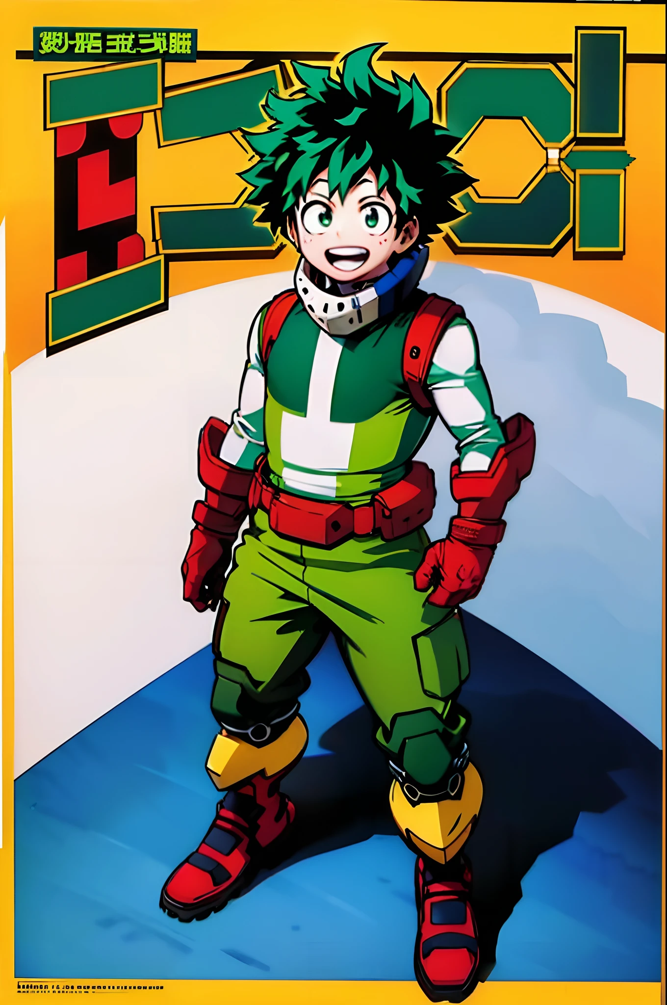 (masterpiece, best quality:1.2), cowboy shot, solo, male focus, 1boy, midoriya izuku, \:d, looking at viewer, teeth, short green hair, green eyes, green bodysuit, white gloves, standing,  full body