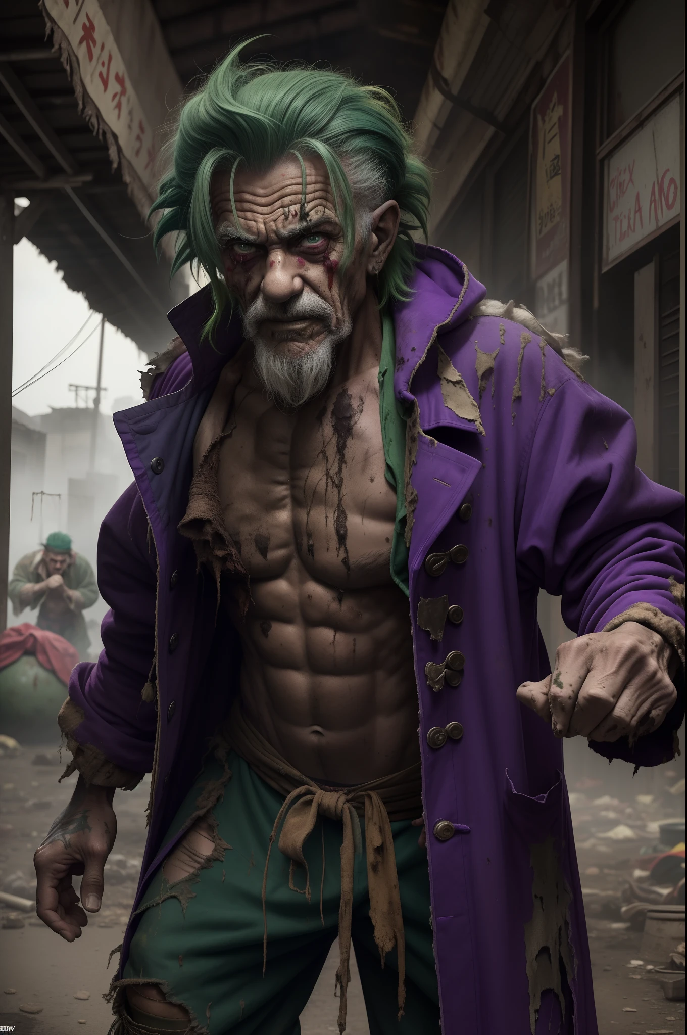 80-year-old clown,Like a beggar ,The expression is fierce， guffaw，Fitness ，The expression is fierce，Dirty green hair ,Fierce expression,full bodyesbian,kung fu pose，Tattered purple coat，Like a bum，Wandering the streets,(((Very dirty and poor,ripped clothing)))