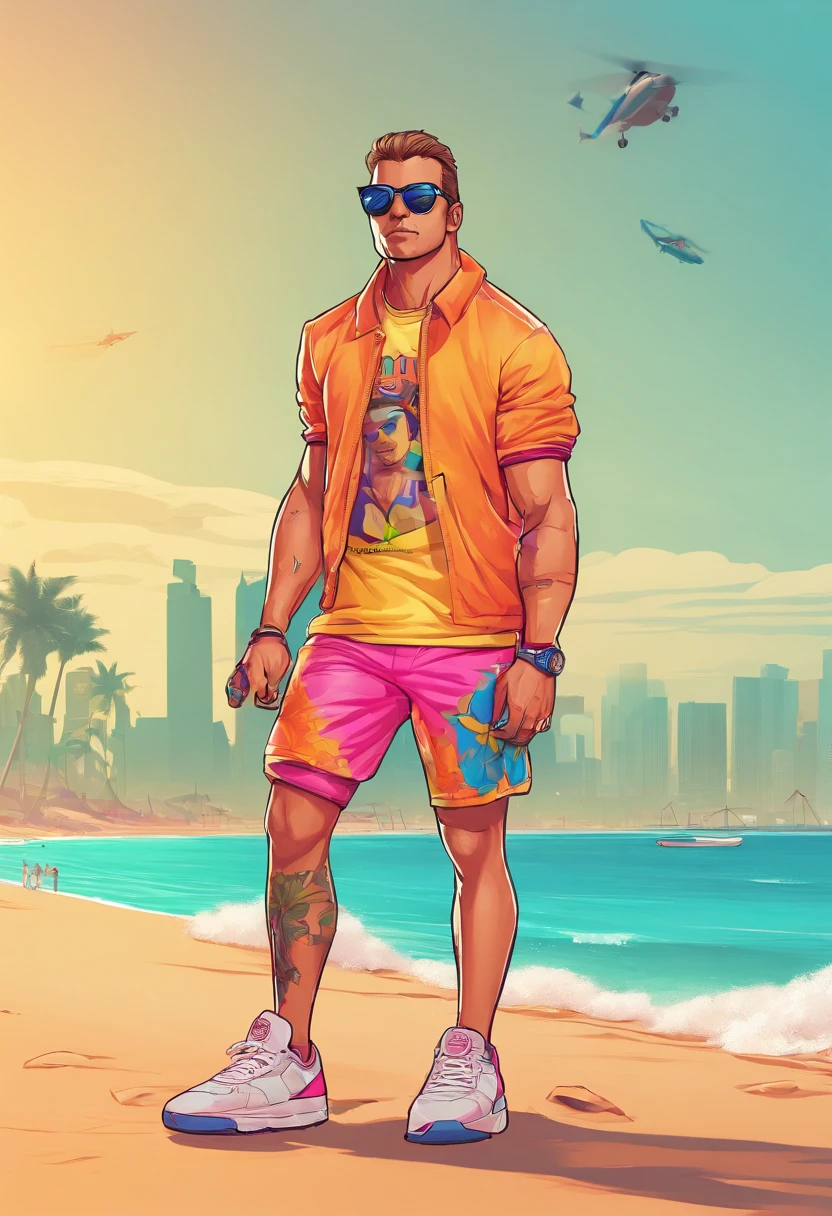 Masterpiece, Best Quality, suntanned skin, looking a viewer, sports clothing, leggins, WALKING ALONG THE BEACH , in sneakers, Simple background with logo, From Bottom, Sunglasses,