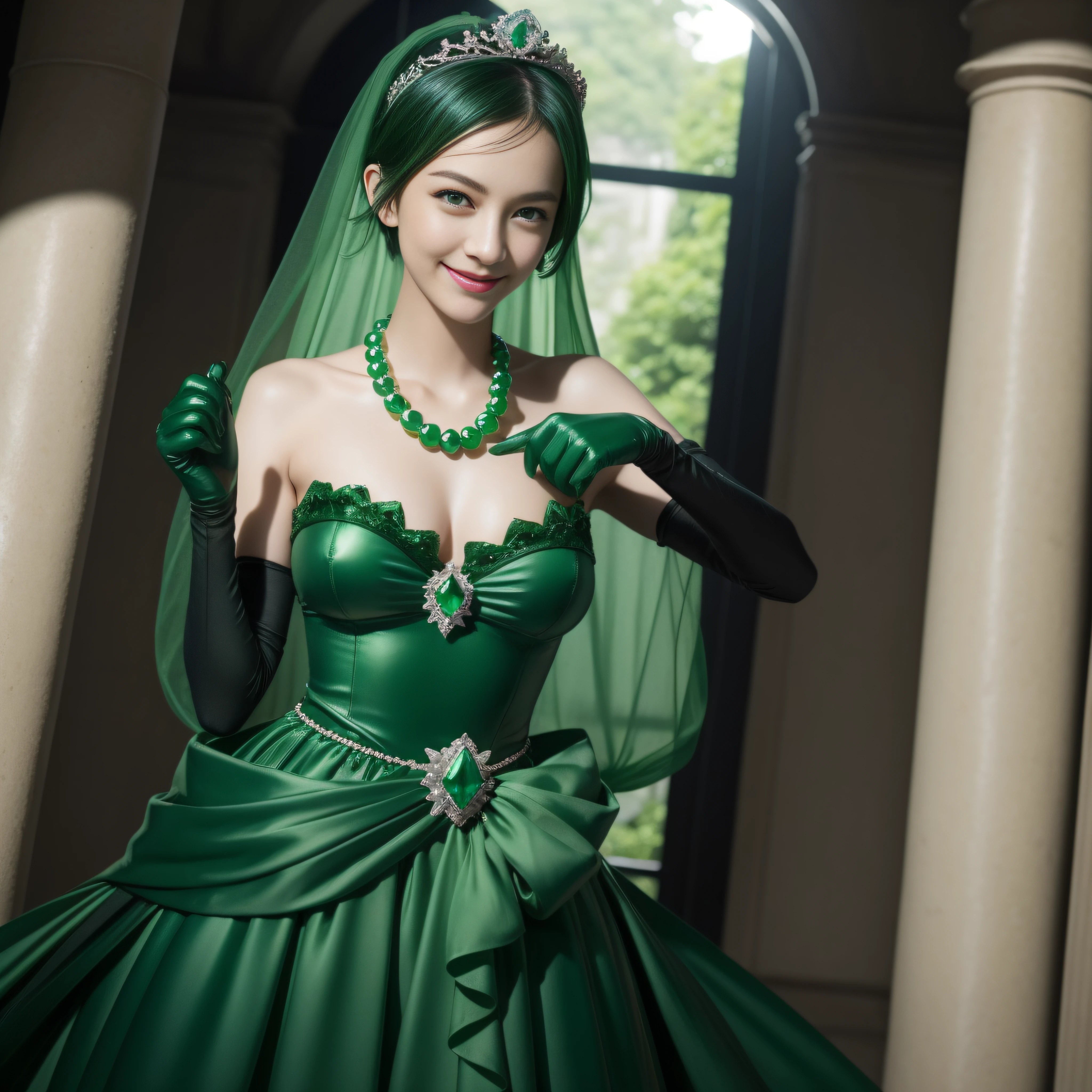 emerald tiara, Green Pearl Necklace, Boyish very short black hair, lipsticks, Japan woman smiling, very short short hair, big breasts beautiful, Green eyes, Long green gloves made of satin material, Green eyes, Emerald earrings