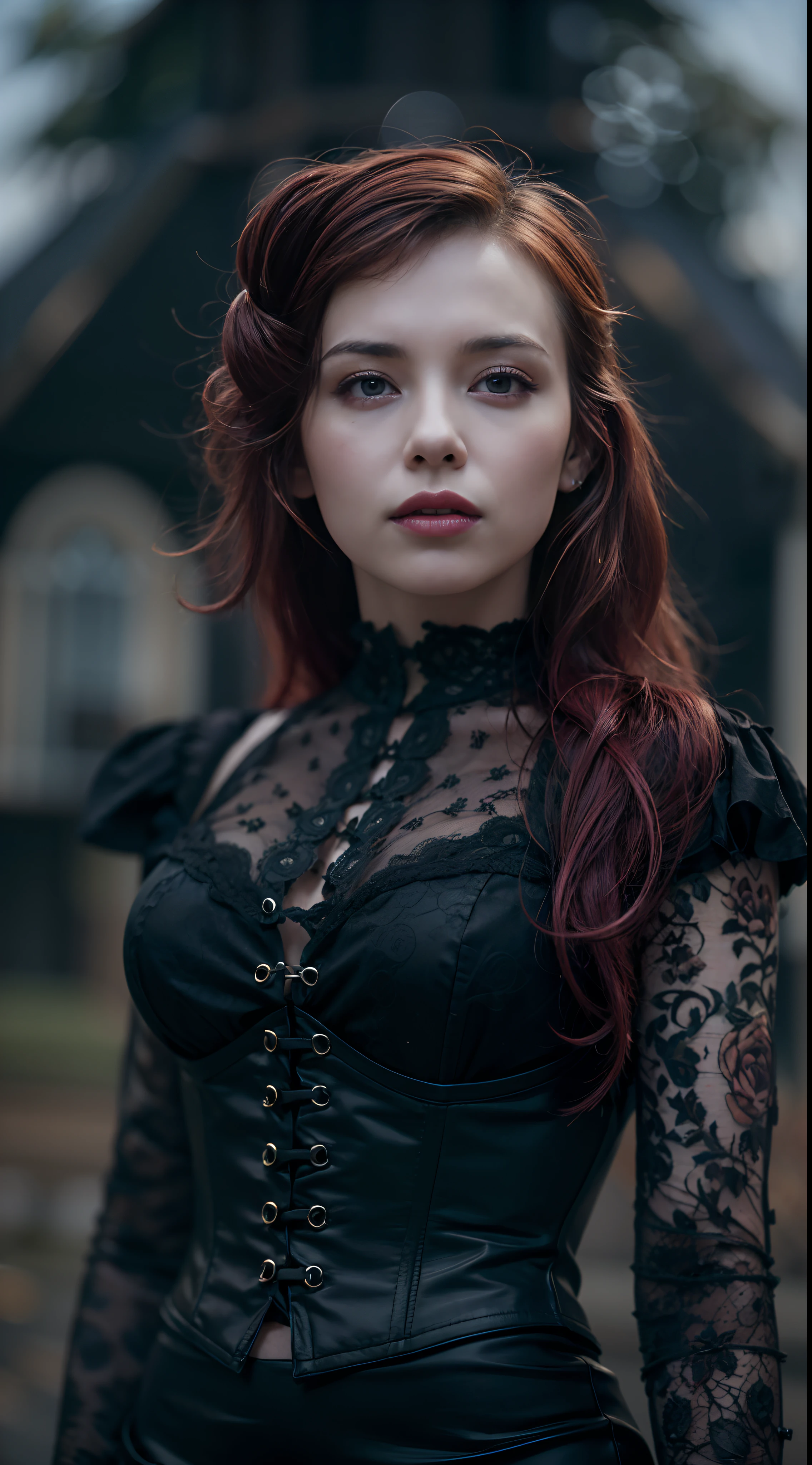 Cinematic film still, 1girl, new gothic gal, tattooed, 28yo, pale skin, innocent smile, ((lips pierced)), latex corset, ((detailed face)), (detailed skin), moist, intricate details, shallow depth of field, background creepy victorian age cemetery, [volumetric fog], cinematic lighting, reflections, photographed on a Canon EOS R5, 50mm lens, F/2.8, HDR, 8k resolution, full body, aged down, red hair, green eyes