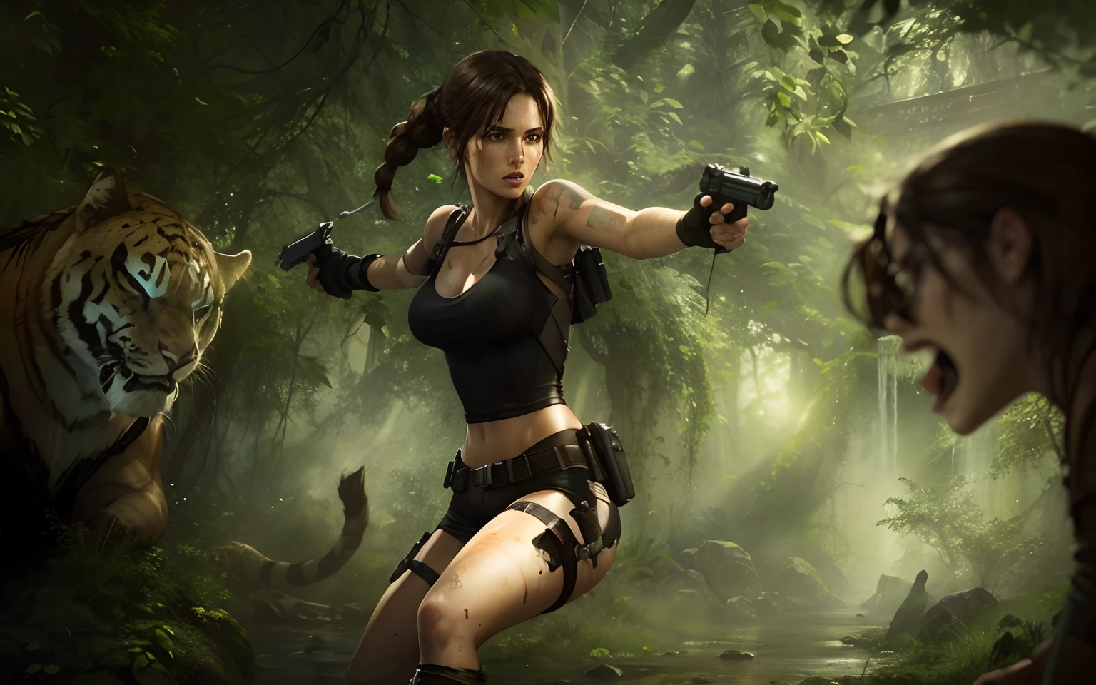 Tomb Raider Lara Croft, Firing her Pistols, Action Shot, Lush Forest Background with ruins, Unreal Engine, Cinematic, Intricate Details